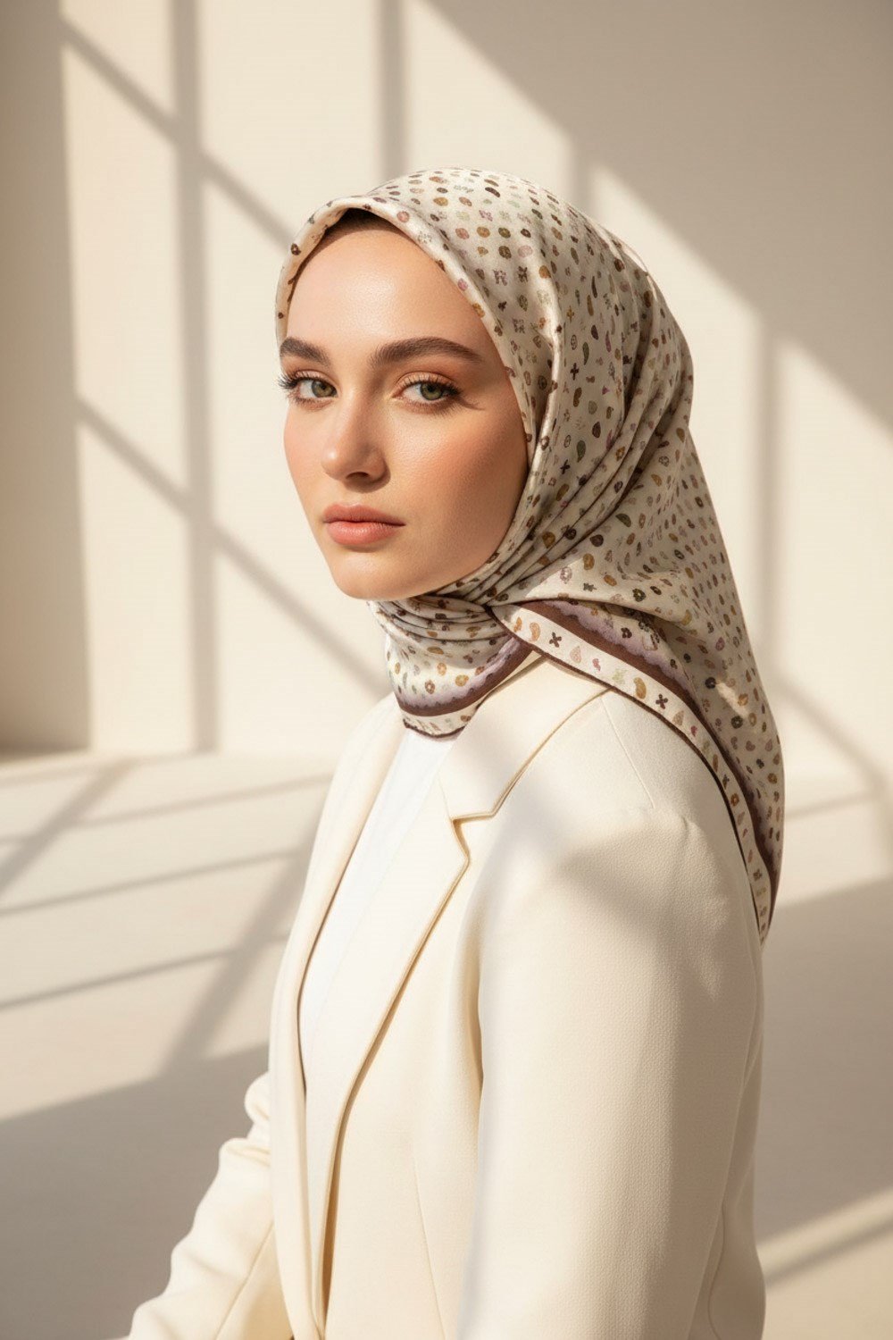 %100 Twill İpek Çıtır Desenli Krem - Kahverengi Renkli 90x90 Eşarp Dikim Şekli : El Dikişi