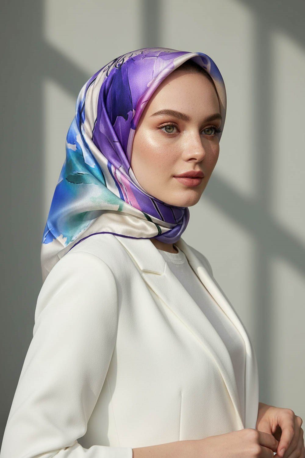 %100 Twill İpek Sulu Boya Çiçek Desenli Mor Renkli 90x90 Eşarp Dikim Şekli : El Dikişi