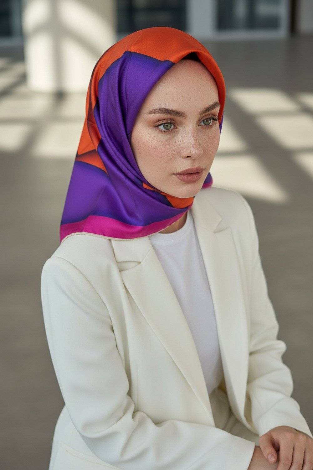 %100 Twill Renk Bloklu Çizgili Desenli Turuncu - Mor Renkli 90x90 Eşarp Dikim Şekli: El Dikişii