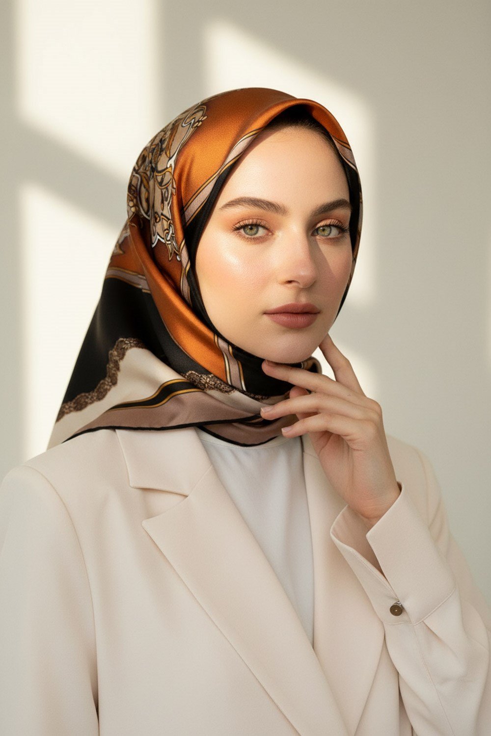 %100 Twill Barok Desenli Taba - Bej Renkli 90x90 Eşarp Dikim Şekli: El Dikişi