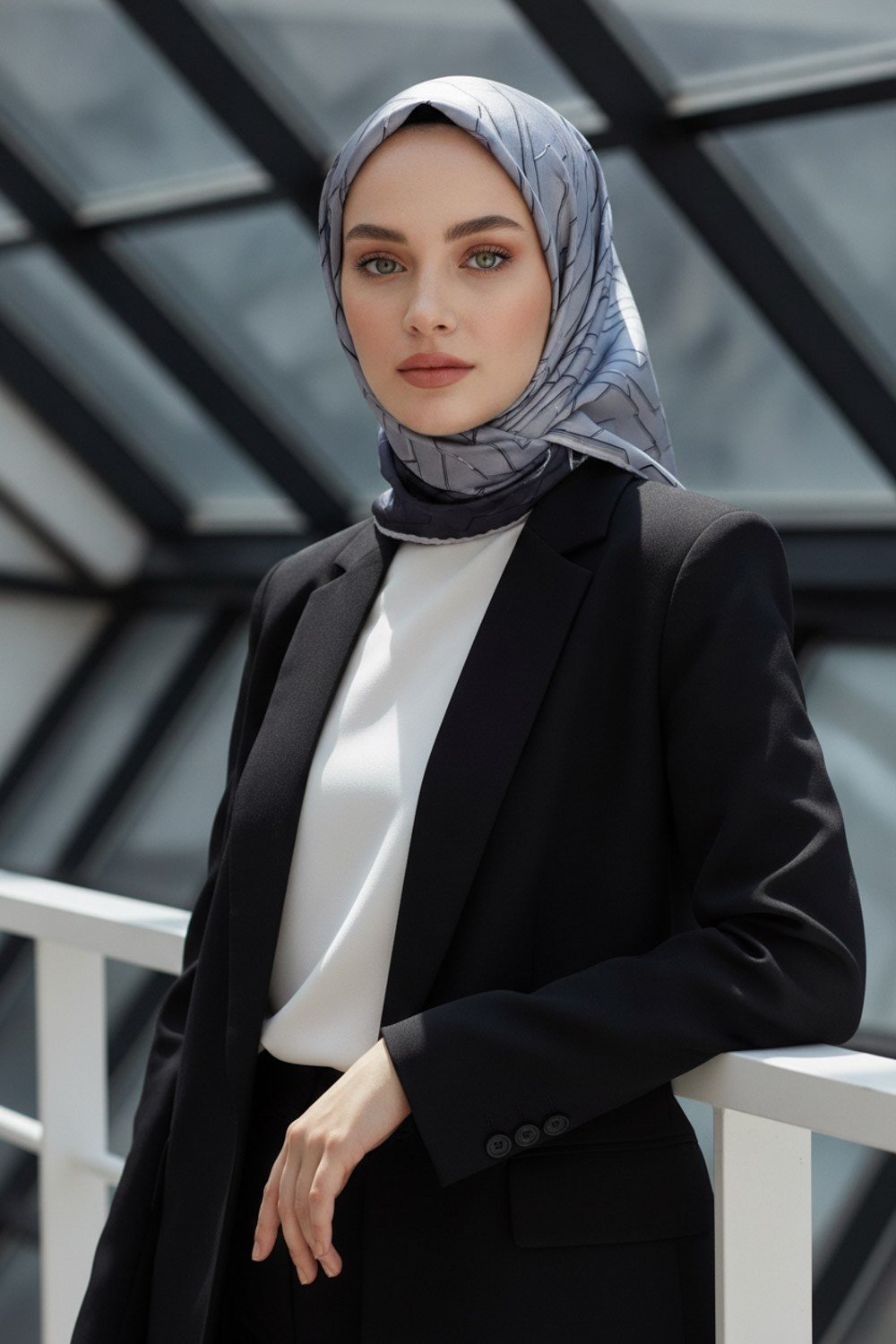 %100 Twill İpek Geometrik Desenli Gümüş Renkli 90x90 Eşarp Dikim Şekli : El Dikişi