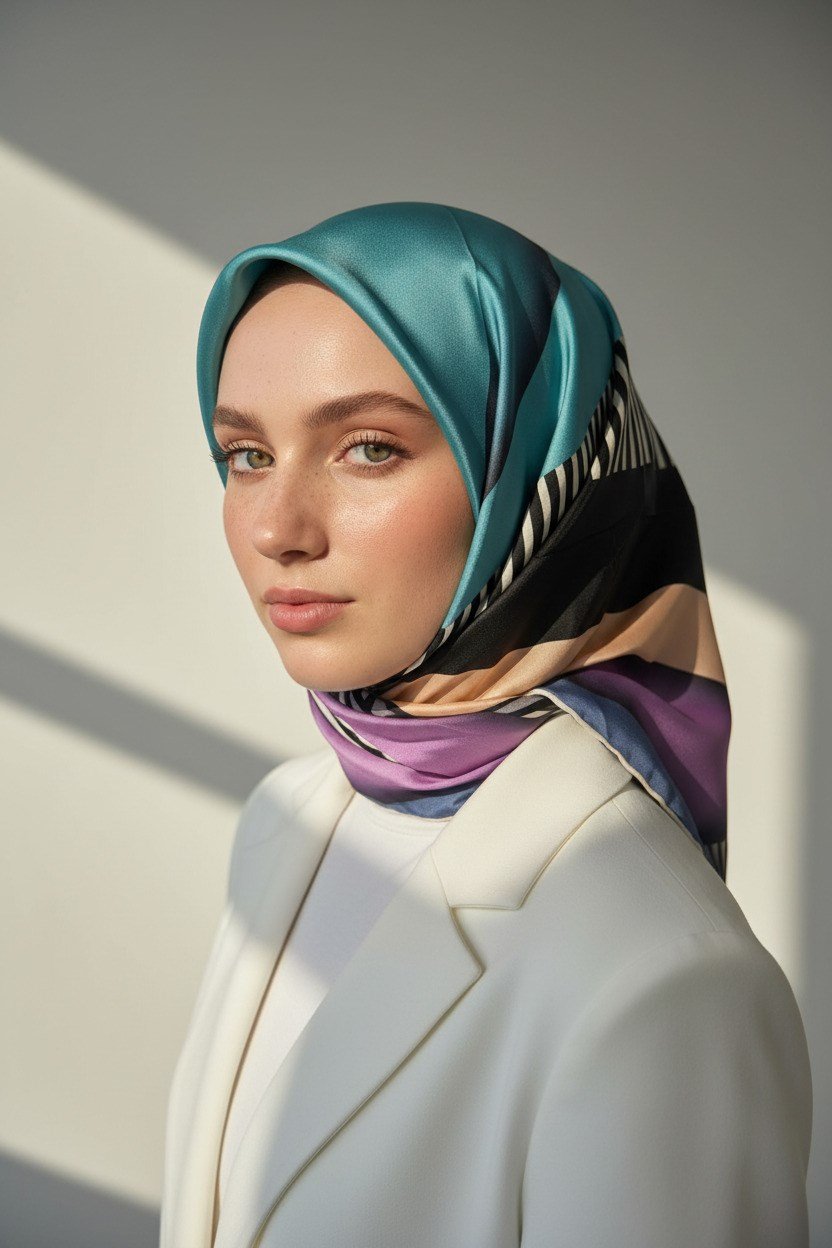 %100 Twill Renk Bloklu Çizgili Desenli Lila - İndigo Renkli 90x90 Eşarp Dikim Şekli: El Dikişii