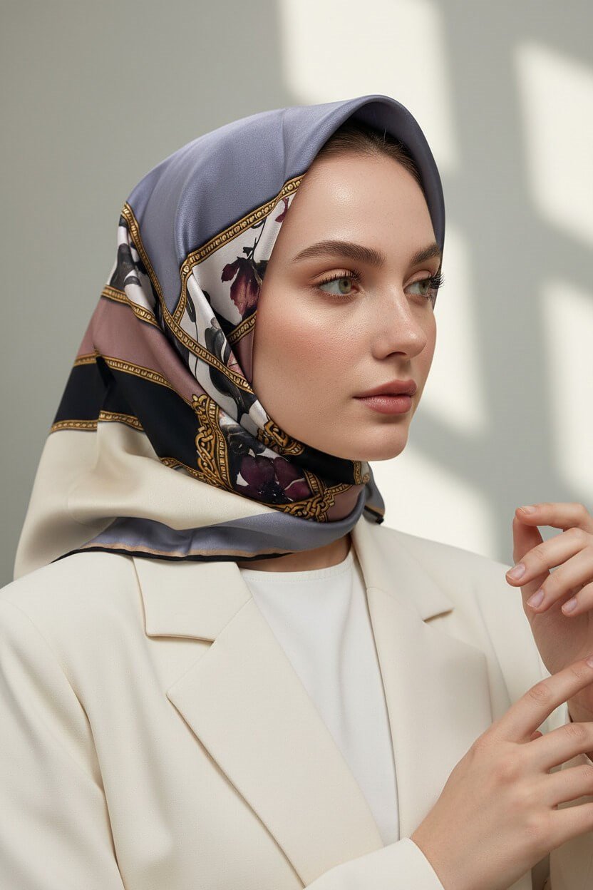 100% Twill İpek Şeritli Çiçek Desenl Gri - Pudra Renkli 90x90 Dikim Şekli : El Dikişi Eşarp