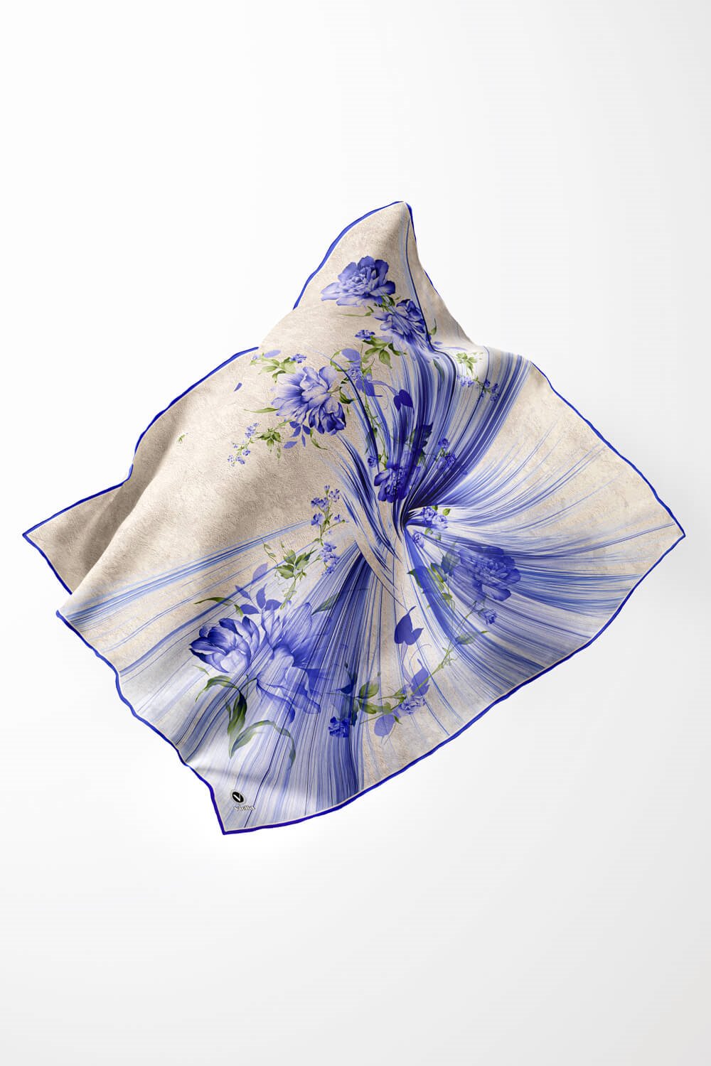 Twill Çiçekli Desenli Saks Renkli 90x90 Eşarp (İpek İçermez) Kenar Dikiş Şekli El Dikişli
