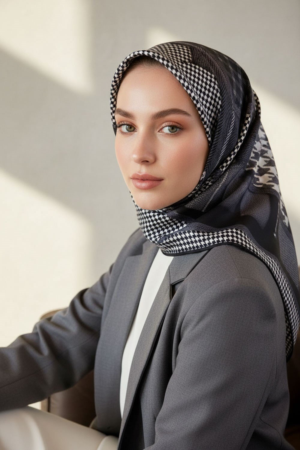 %100 Twill İpek Kazakayaklı Ve Ekose Desenli Siyah - Gri Renkli 90x90 Eşarp Dikim Şekli : El Dikişi