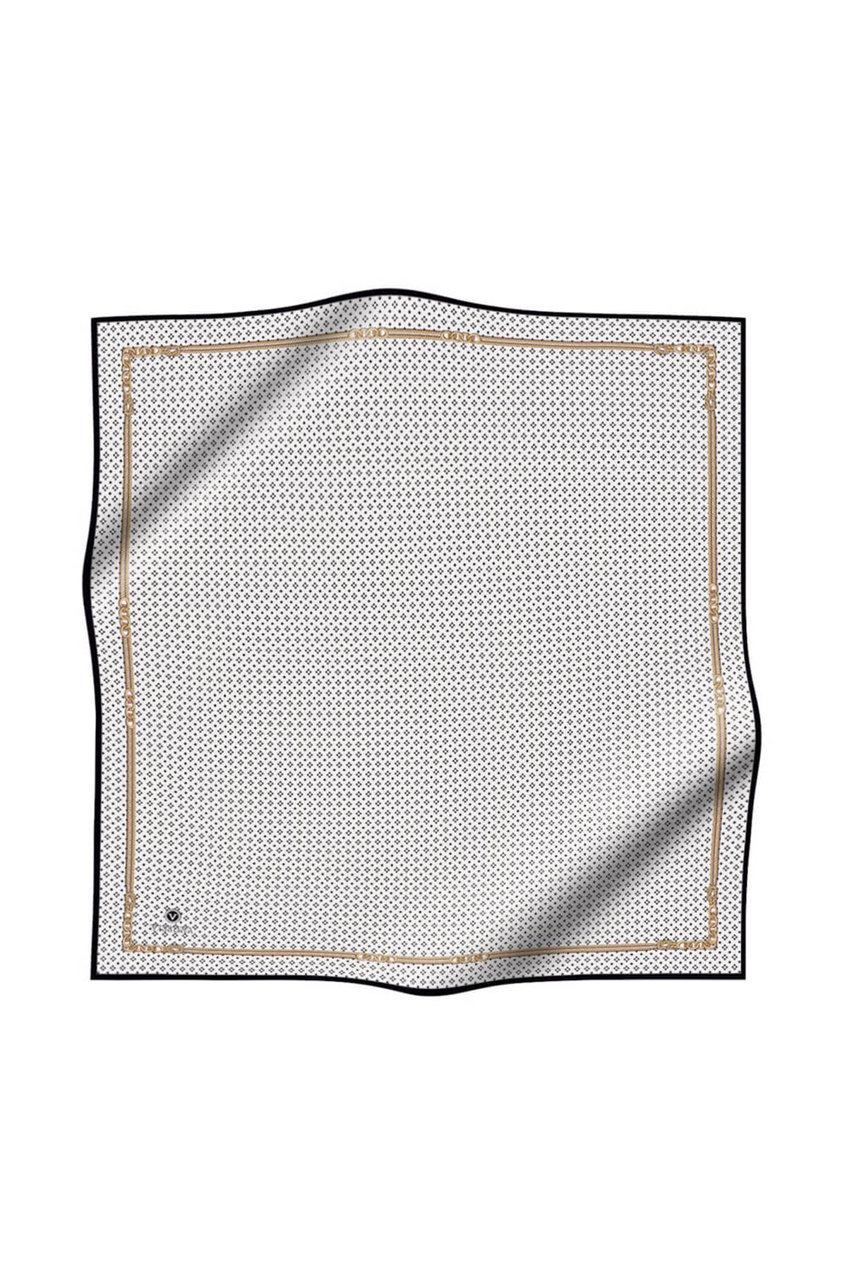 %100 Twill İpek Zincir Desenli Krem - Siyah Renkli 90x90 Eşarp Dikim Şekli : El Dikişi