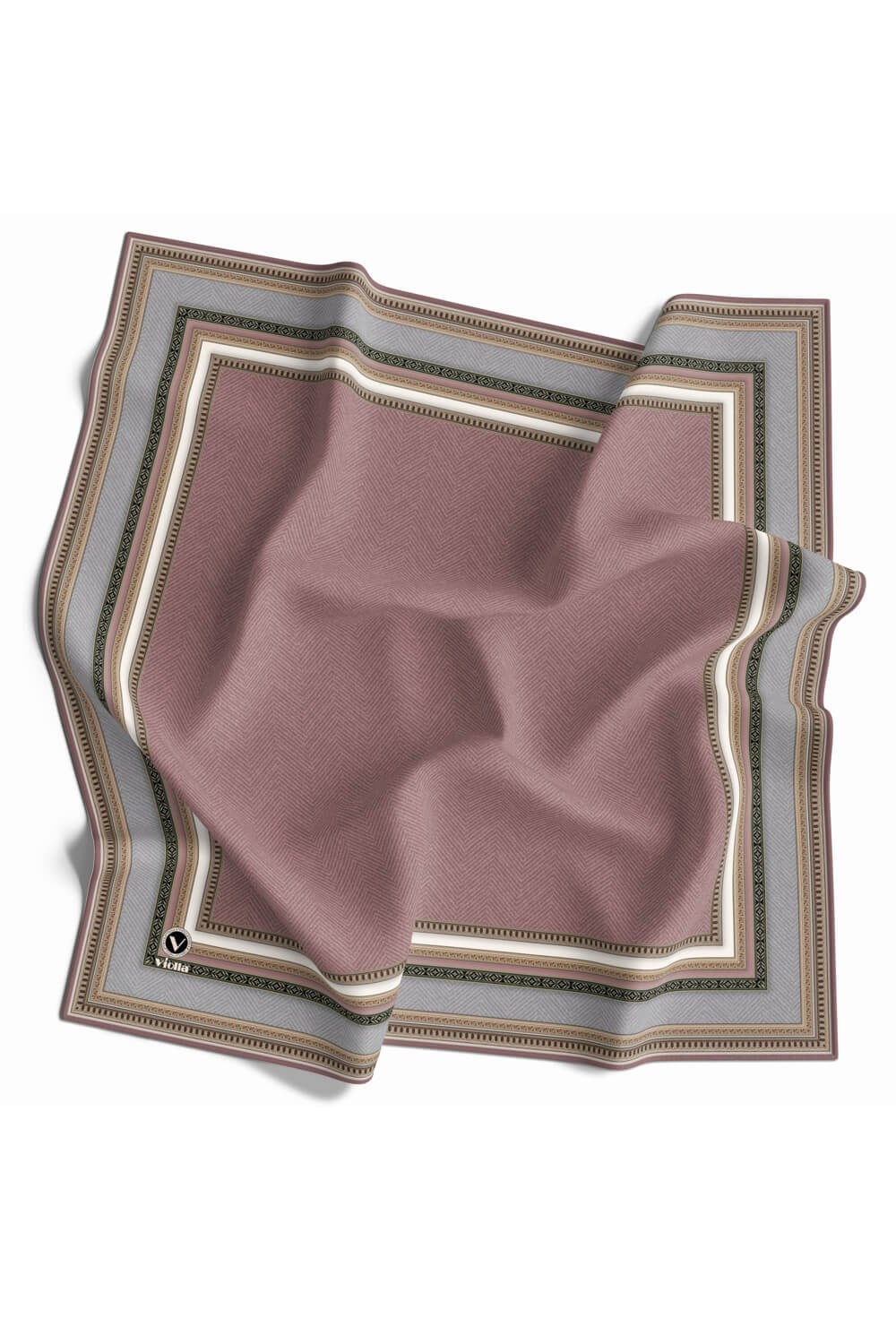Twill Bordür Desenli Pudra Renkli 90x90 Eşarp (İpek İçermez) Kenar Dikiş Şekli El Dikişli