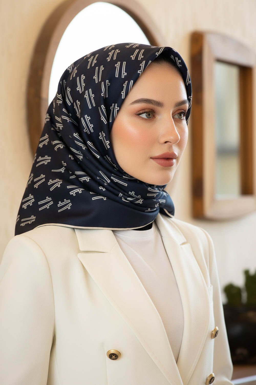 %100 Twill İpek Geometrik Desenli Lacivert - Krem Renkli 90x90 Eşarp Dikim Şekli : El Dikişi