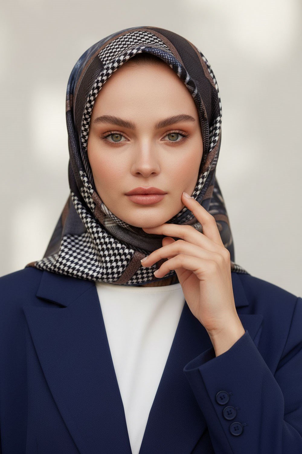 %100 Twill İpek Kazakayaklı Ve Ekose Desenli İndigo - Krem Renkli 90x90 Eşarp Dikim Şekli : El Dikişi