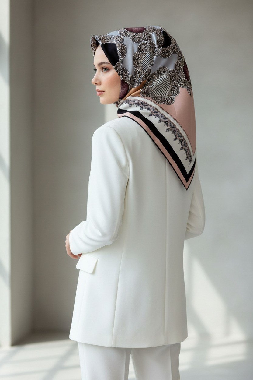%100 Twill Türk Motifi  Desenli Pudra - Bej Renkli 90x90 Eşarp Dikim Şekli: El Dikişi
