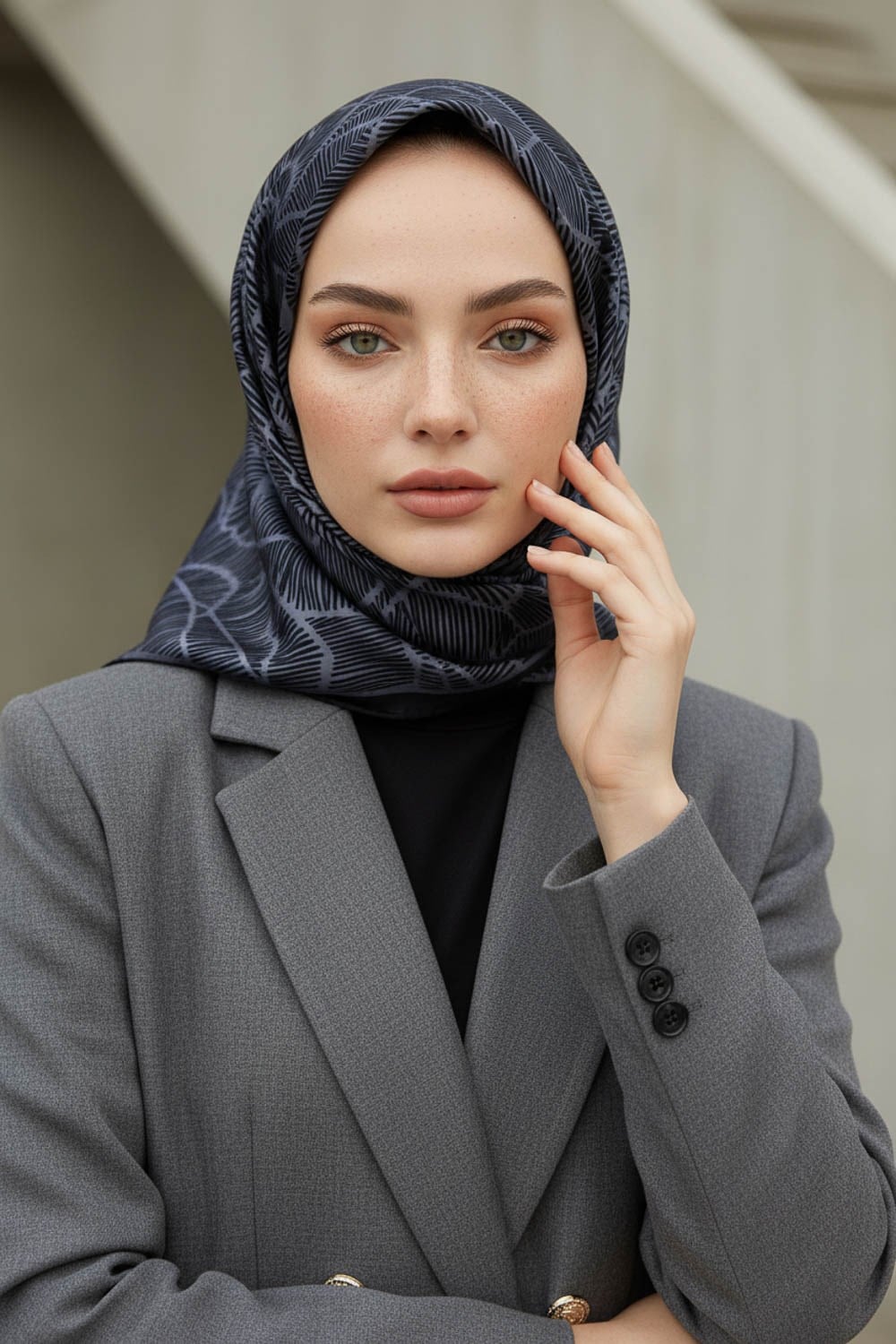 %100 Twill İpek Geometrik Desenli Gri - Siyah Renkli 90x90 Eşarp Dikim Şekli : El Dikişi