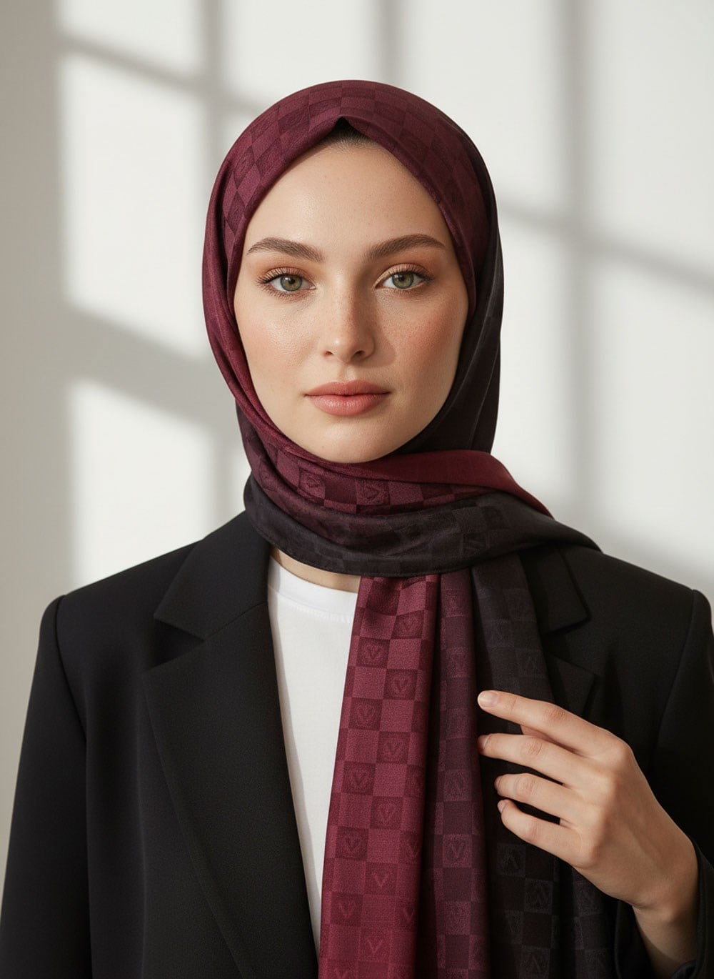 Vissona %57 İPEK %43 PAMUK Degrade Desenli Bordo - Siyah Renkli Şal -  70x190 Dikiş Tipi İtalyan Dikişli