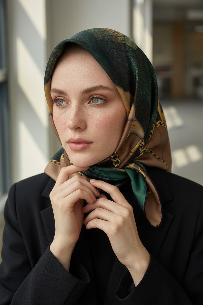 % 57 İPEK % 43 VİSKON Twill İpek Taş Efekti Desenli Petrol Yeşili - Siyah Renkli 90x90 Eşarp Dikim Şekli : El Dikişi