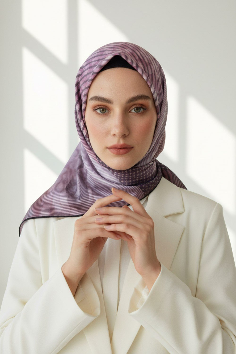 Twill Geometrik Desenli Lila Renkli 90x90 Eşarp (İpek İçermez) Kenar Dikiş Şekli El Dikişli