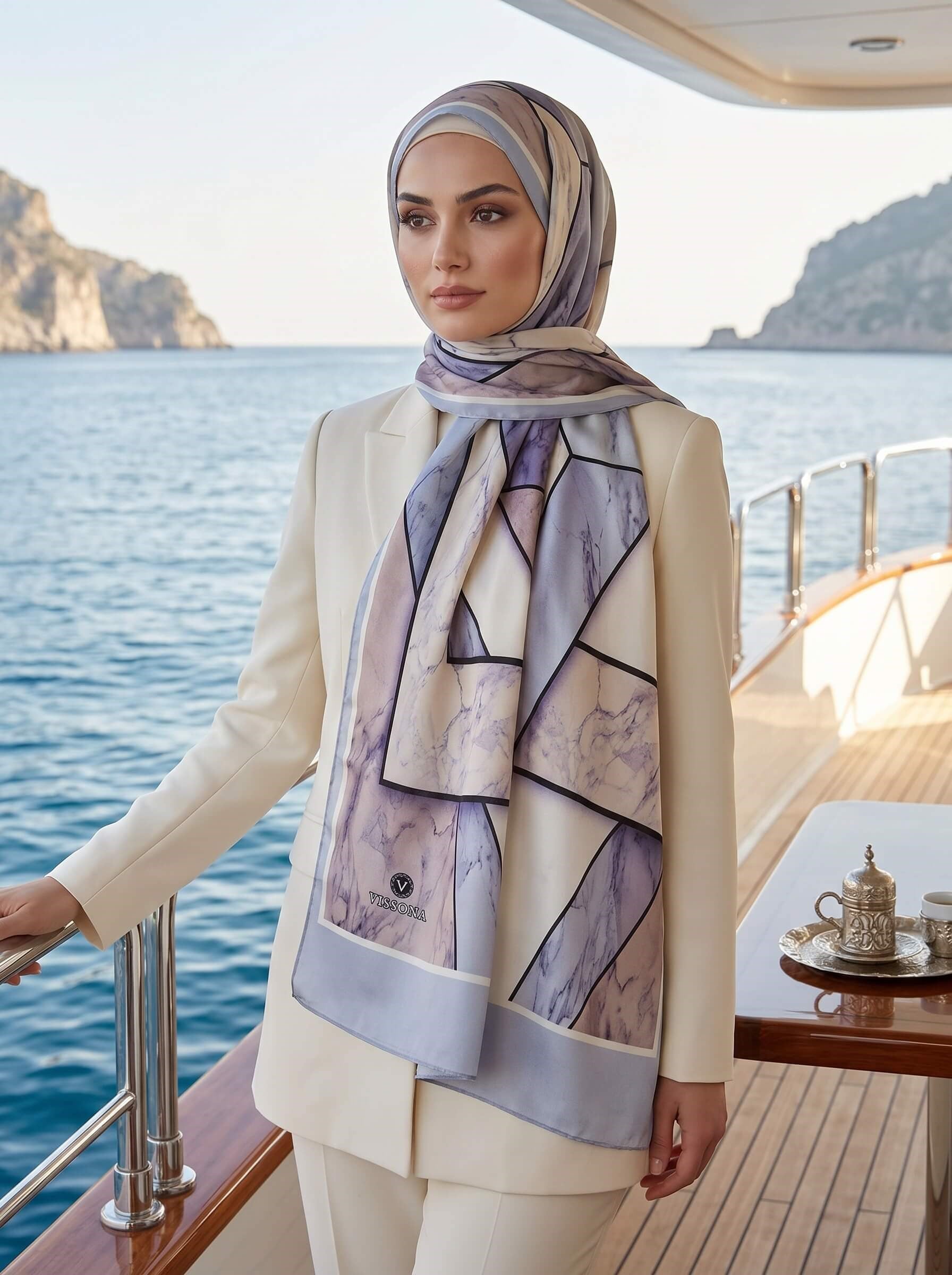 %100 Saf İpek Şal İnce Saten Vual Dokuma Mermer Desenli Bej - Gri Renkli 90x210 Şal