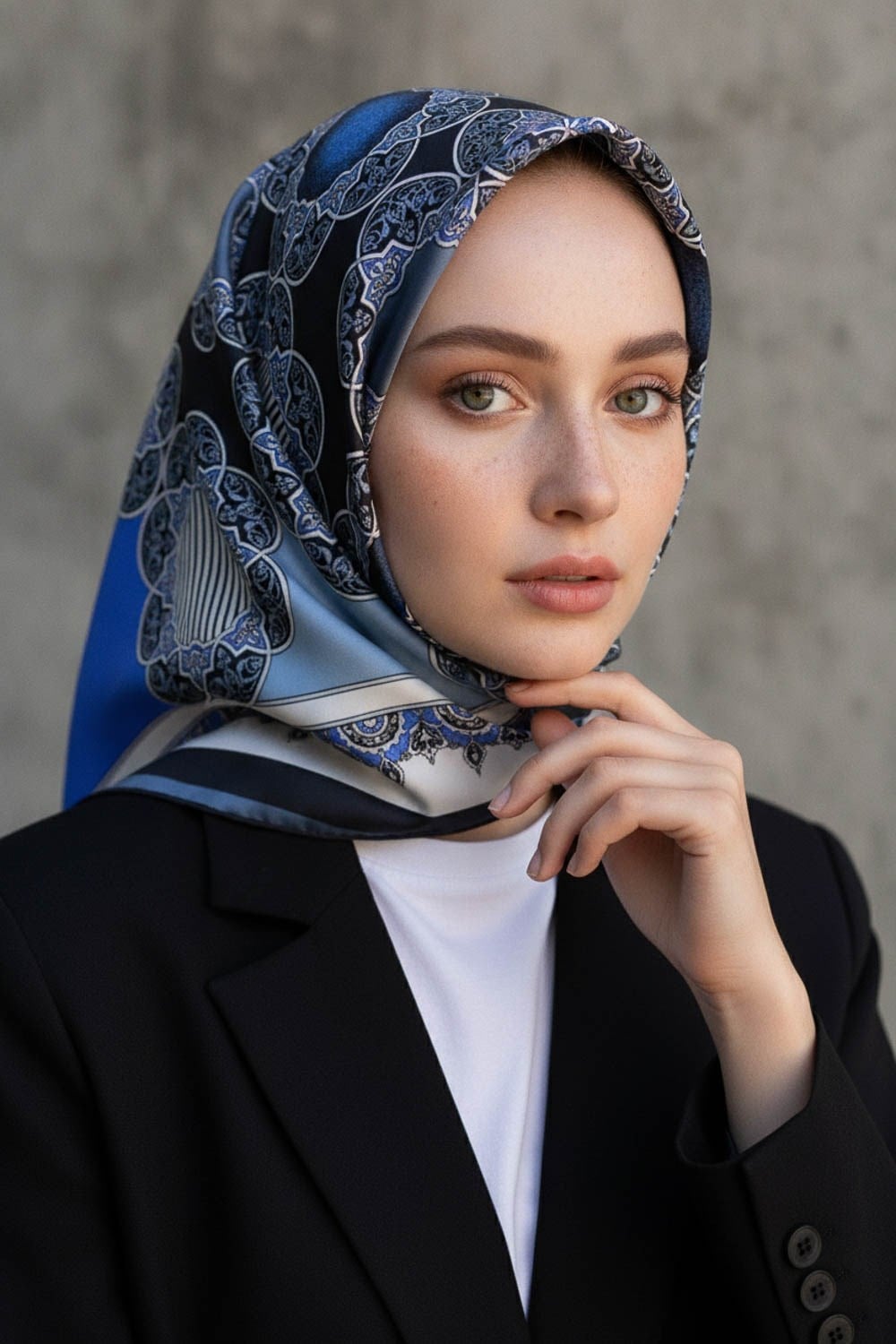 %100 Twill Türk Motifi  Desenli Bebe Mavisi - Saks Renkli 90x90 Eşarp Dikim Şekli: El Dikişi