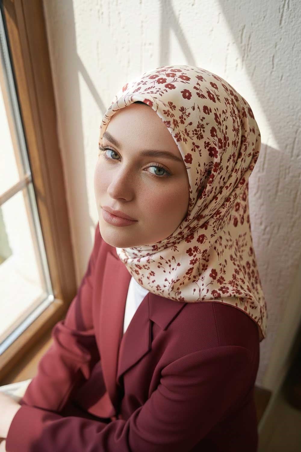 %100 Twill İpek Çıtır Çiçek Desenli Krem - Bordo Renkli 90x90 Eşarp Dikim Şekli : El Dikişi