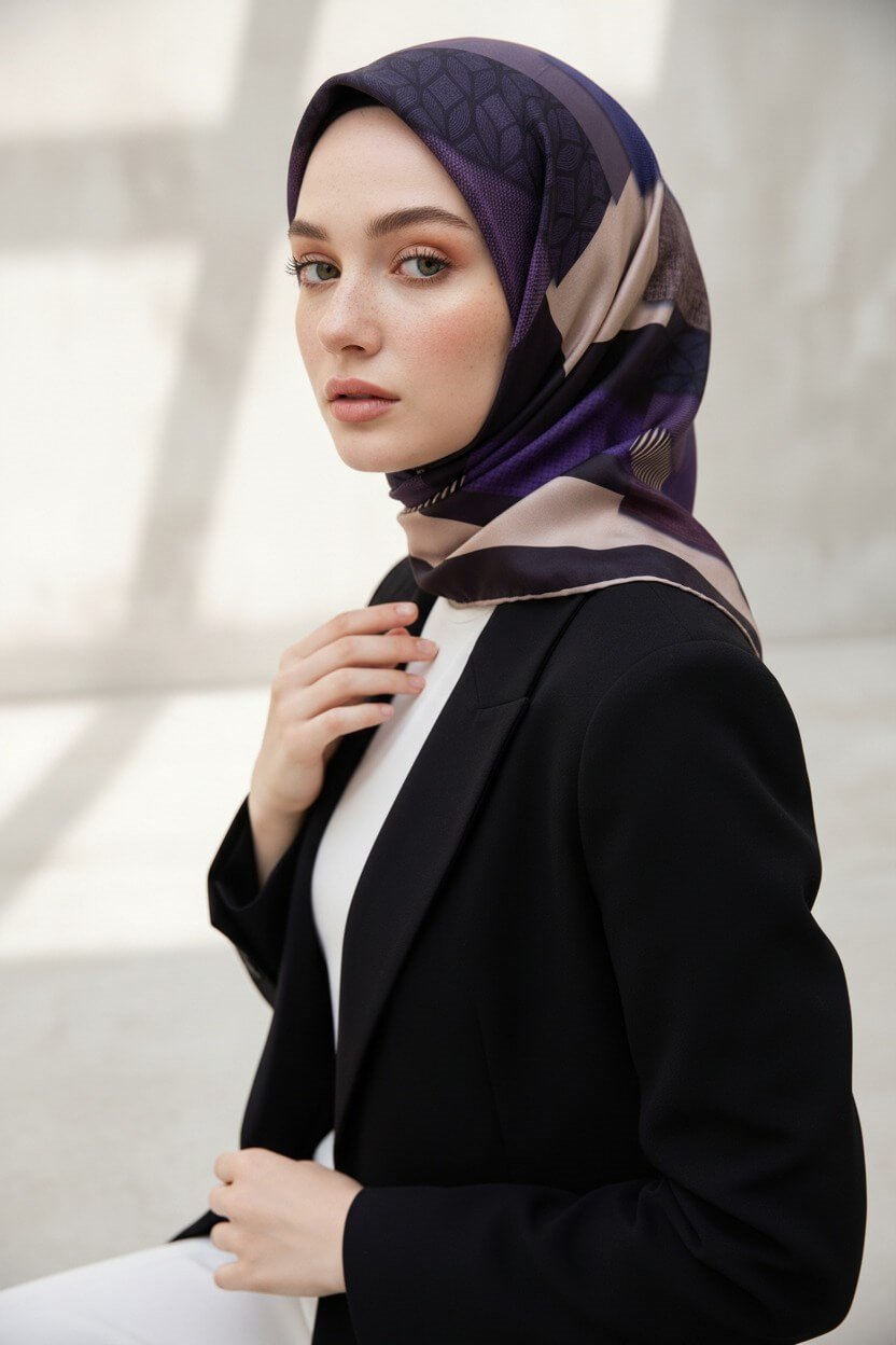%100 Twill İpek Geometrik Desenli Mor - Siyah Renkli 90x90 Eşarp Dikim Şekli : El Dikişi