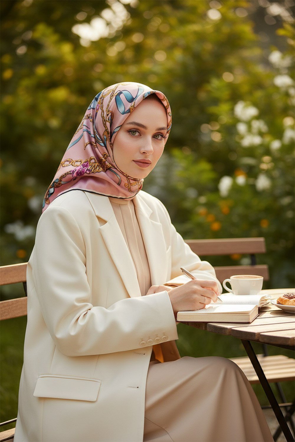 %100 Twill İpek Kurdele Ve Zincir Desenli Pudra Renkli 90x90 Eşarp Dikim Şekli : El Dikişi