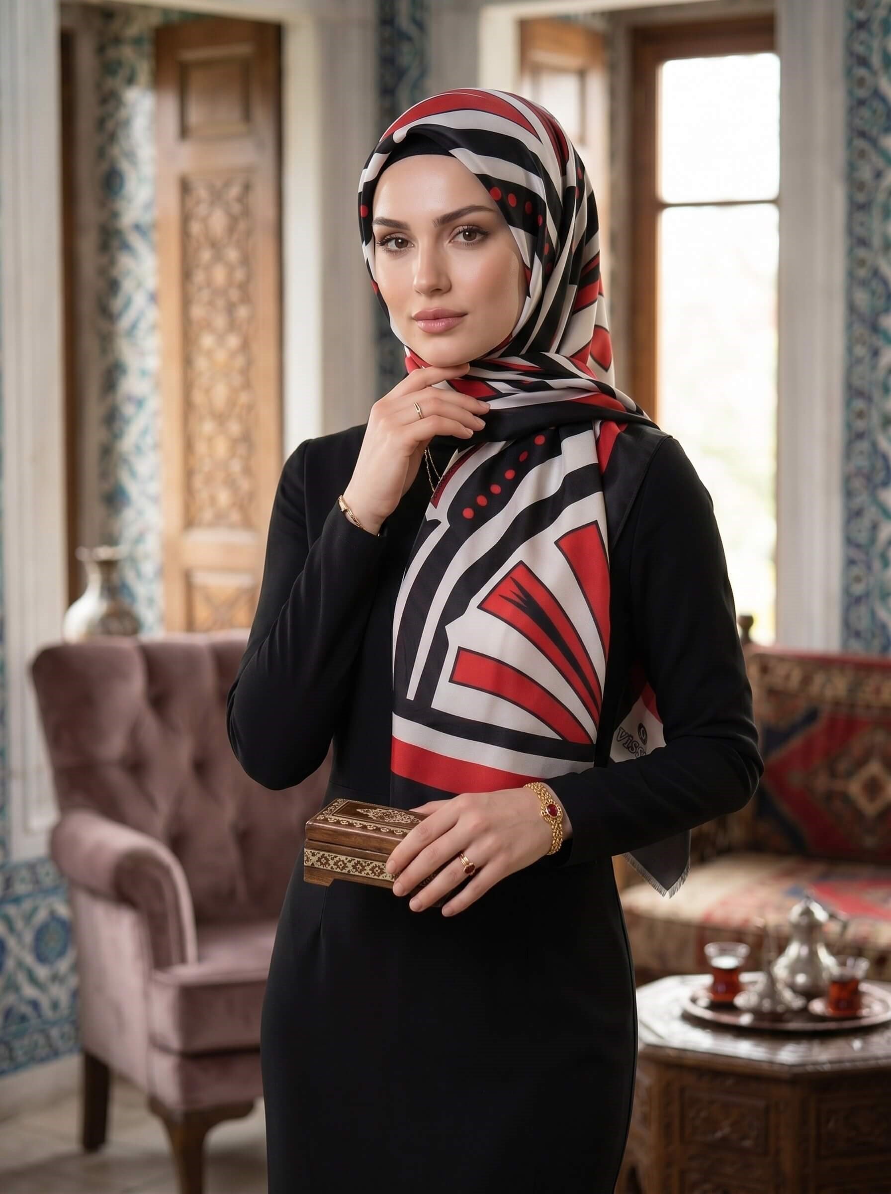 %100 Saf İpek Şal İnce Saten Vual Dokuma Yelpaze Desenli Kırmızı - Siyah Renkli 90x210 Şal