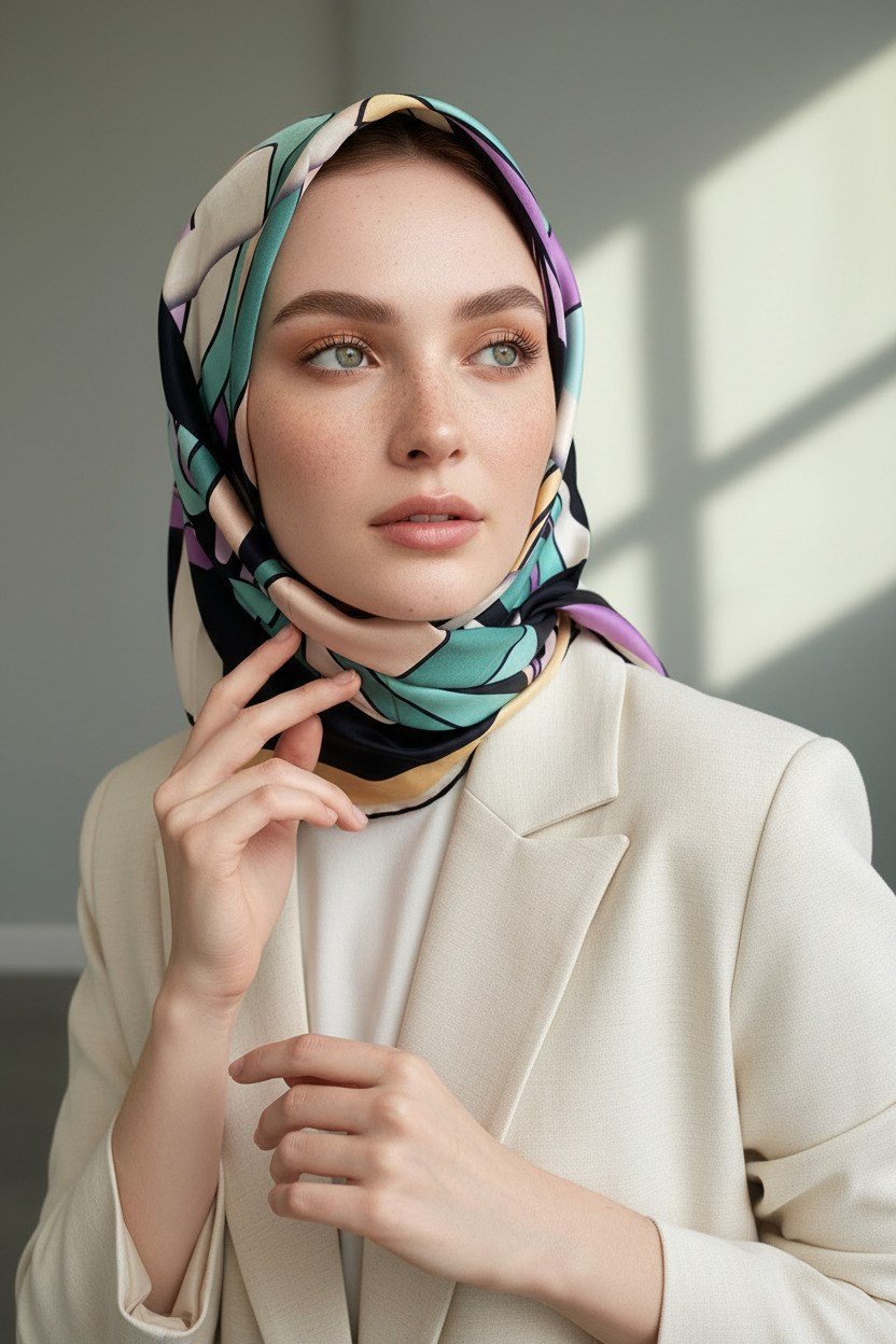 100% Twill İpek Geometrik Desenli Lacivert - Lila Renkli 90x90 Dikim Şekli : El Dikişi Eşarp