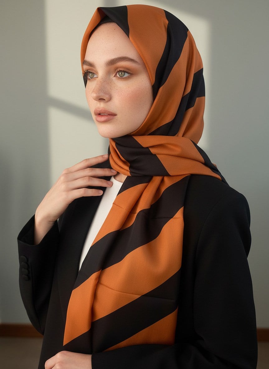 %100 Saf İpek Şal İnce Saten Vual Dokuma Çizgili Desenli Taba - Siyah Renkli 90x210 Şal