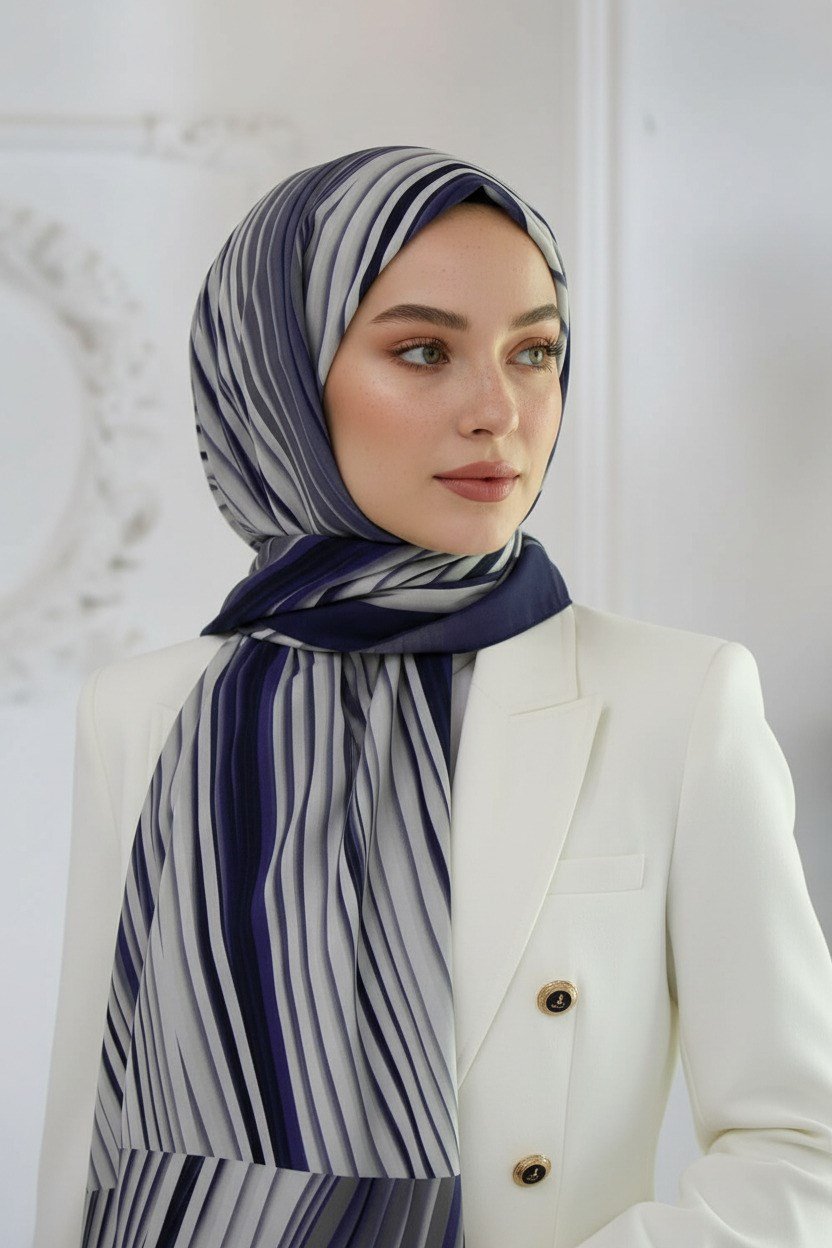 KREP ÇİZGİLİ DESENLİ İNDİGO RENKLİ 75X195 KIRIŞMAZ ŞAL