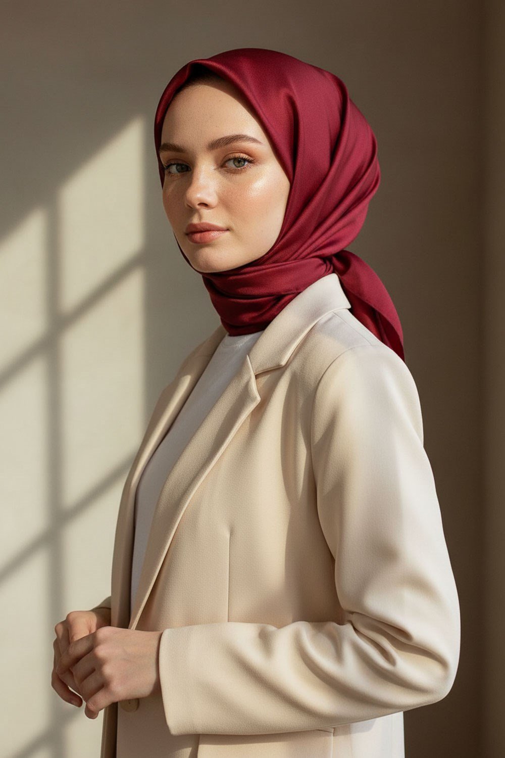 %100 Twill İpek Düz Bordo Renkli Daha Tok Exclusive Serisi 90x90 Eşarp Dikim Şekli : El Dikişi