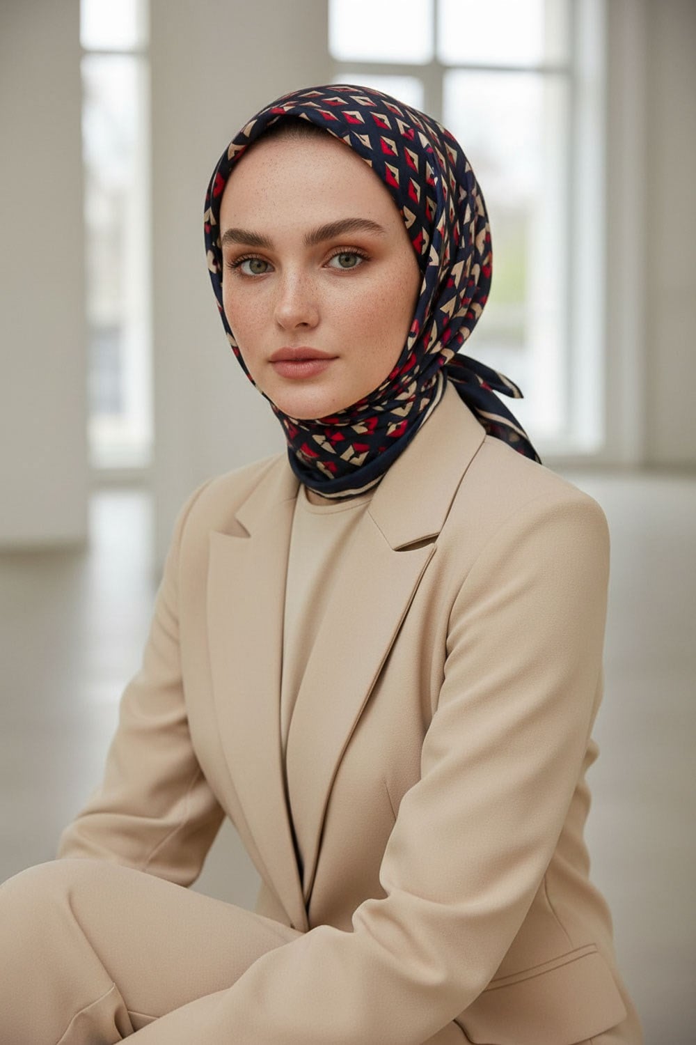 %100 Twill İpek Geometrik Desenli Lacivert - Kırmızı Renkli 90x90 Eşarp Dikim Şekli : El Dikişi