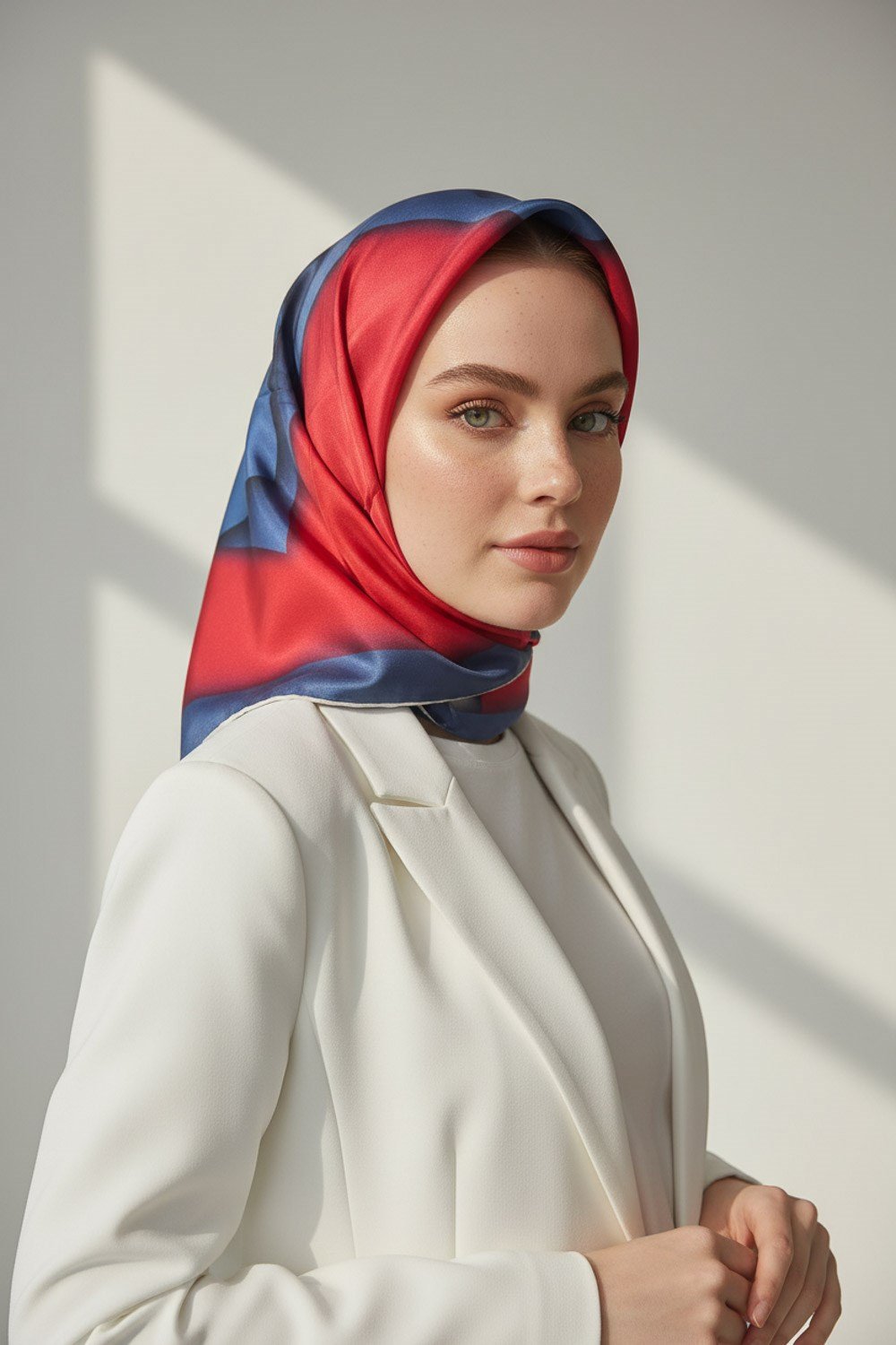 %100 Twill Renk Bloklu Çizgili Desenli Bordo - İndigo Renkli 90x90 Eşarp Dikim Şekli: El Dikişii