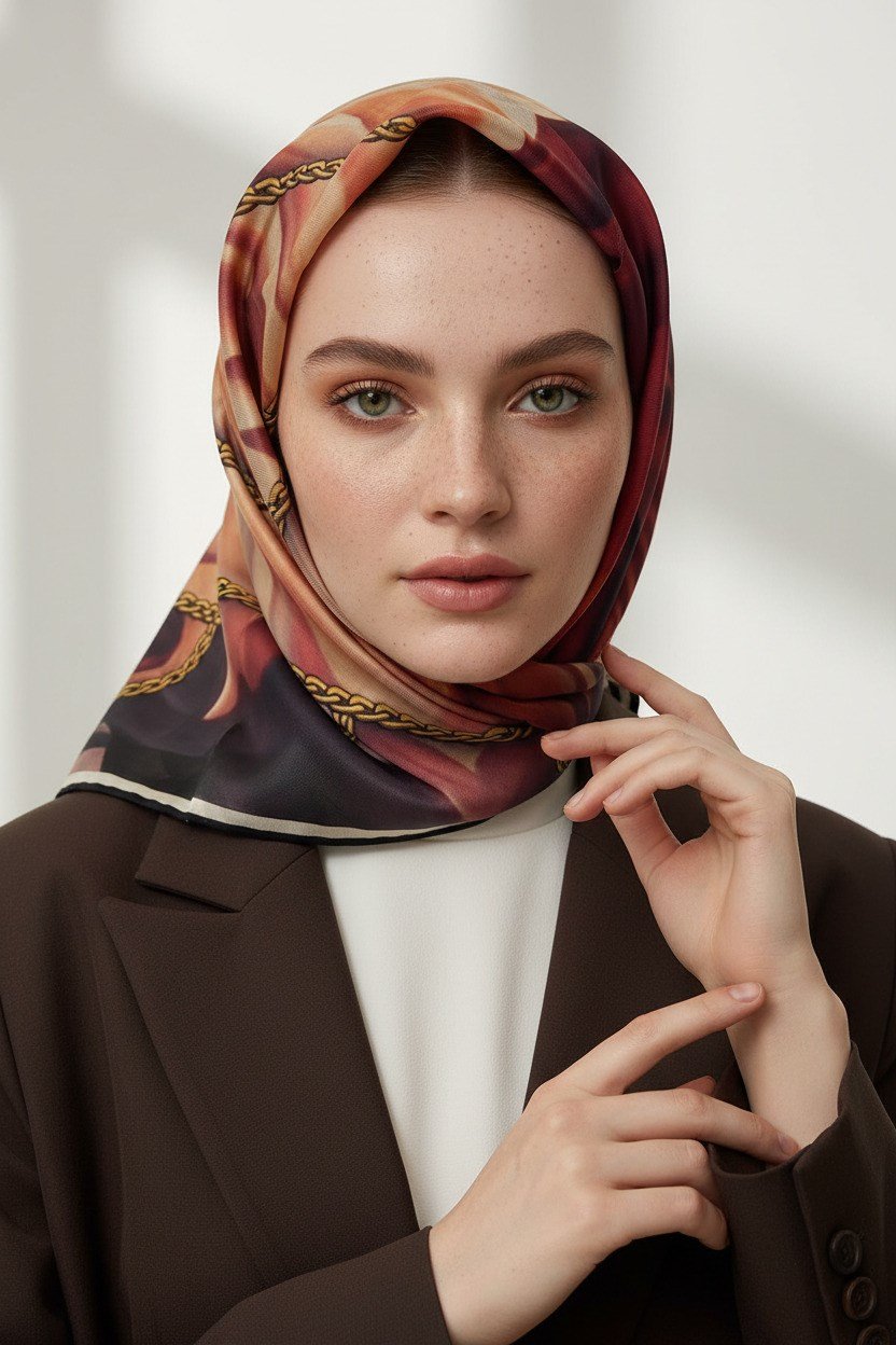 % 57 İPEK % 43 VİSKON Twill İpek Çiçek Geometrik Desenli tabalı kırmızılı Renkli 90x90 Eşarp Dikim Şekli : El Dikişi