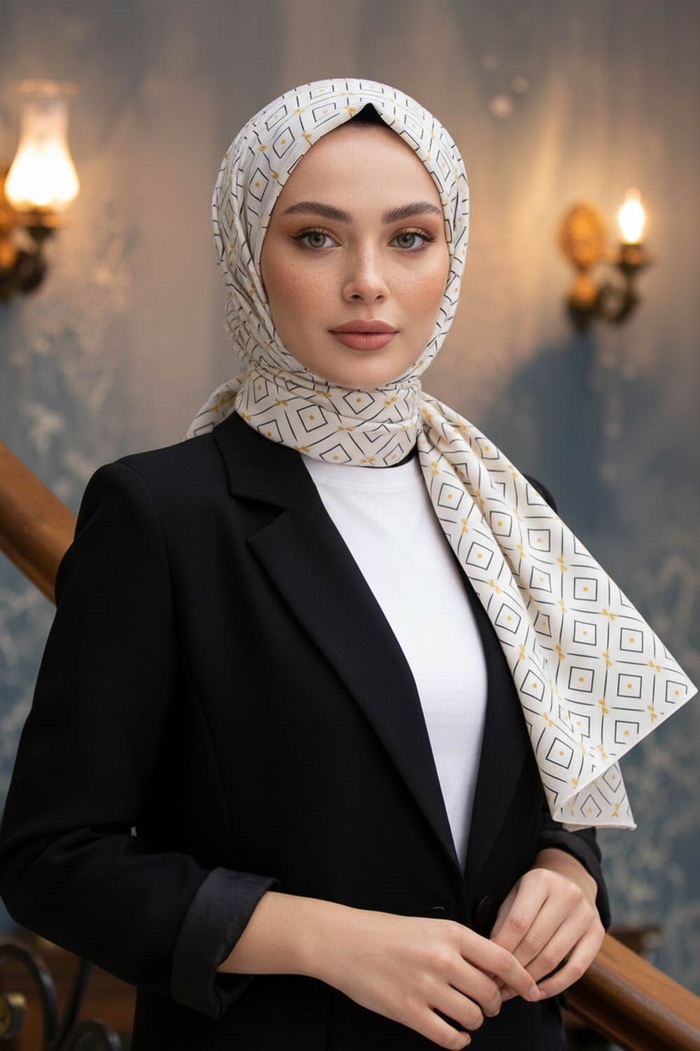 KREP GEOMETRİK DESENLİ KREM RENKLİ 75X195 KIRIŞMAZ ŞAL