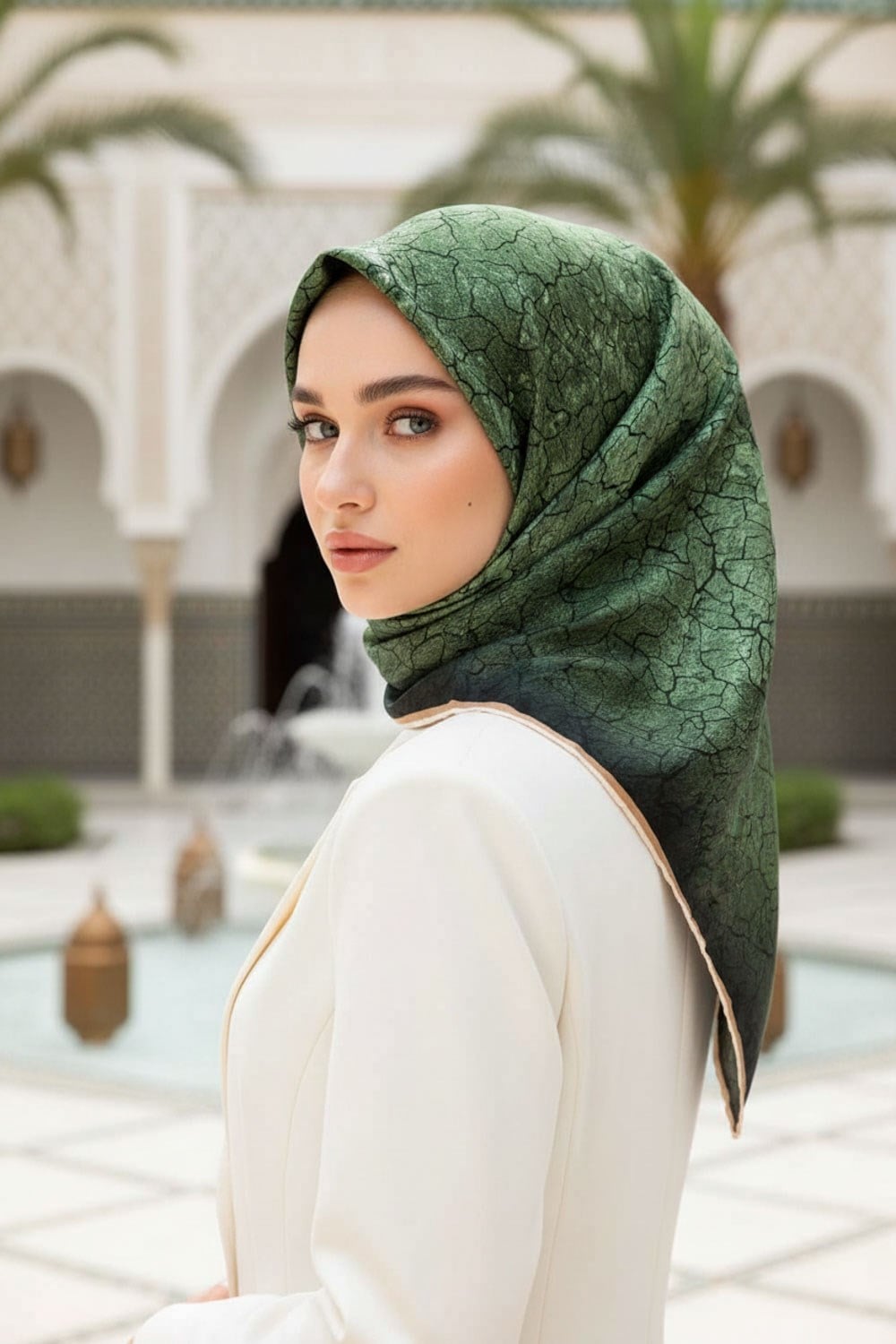 % 57 İPEK % 43 VİSKON Twill İpek Bulut  Desenli Zümrüt Yeşili Renkli 90x90 Eşarp Dikim Şekli : El Dikişi