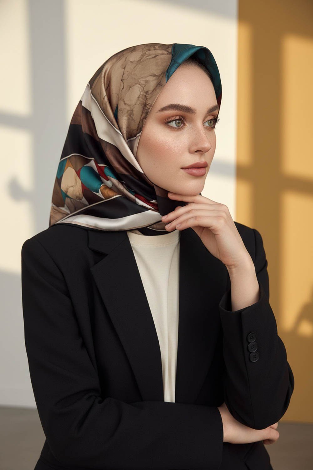 Rayon Geometrik Mermer Desenli Petrol Yeşili Renkli 90x90 Eşarp (İpek İçermez) Kenar Dikiş Şekli El Dikişli