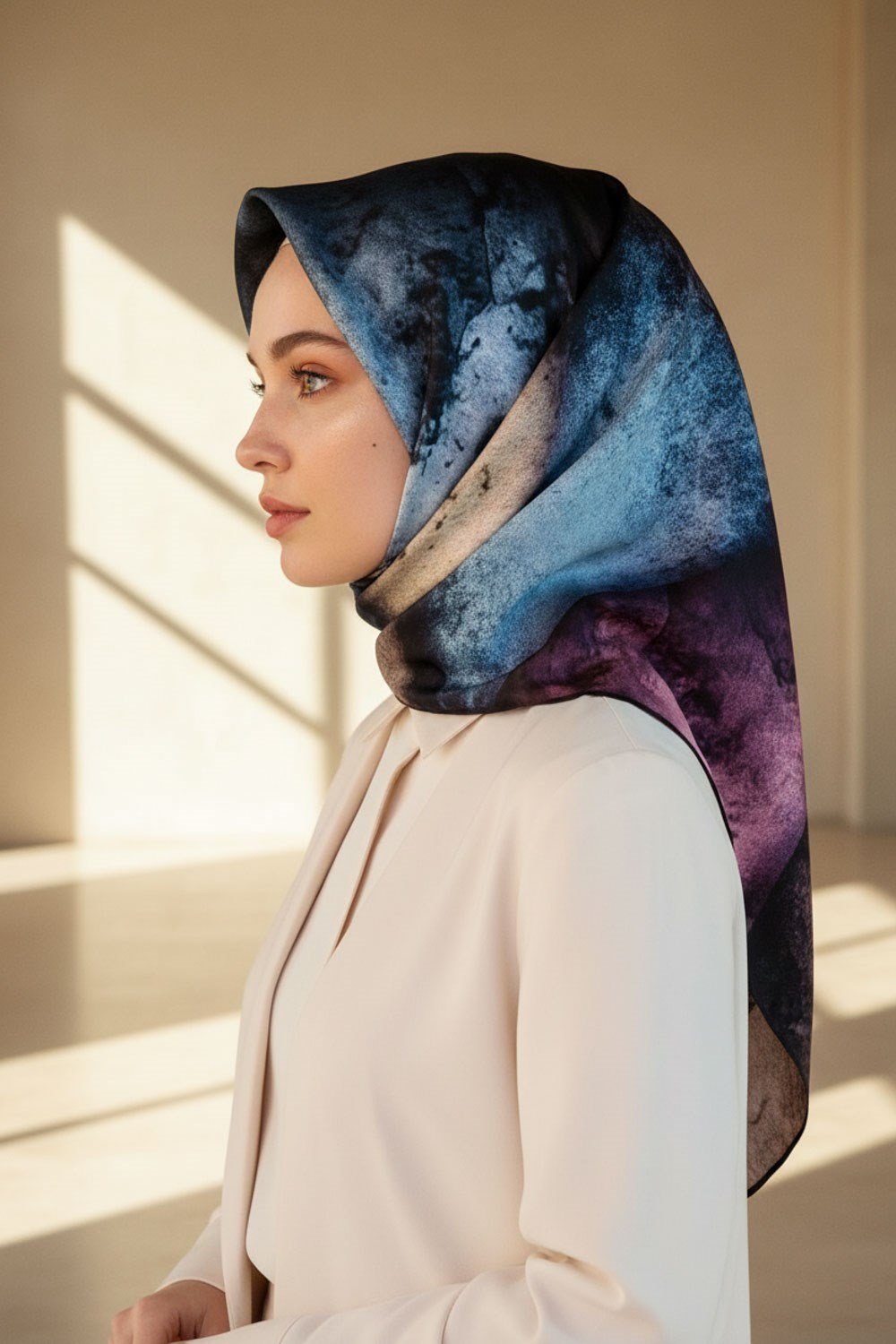 %100 Twill İpek Dokulu Ve Geometrik Desenli Mint Yeşili - Lila Renkli 90x90 Eşarp Dikim Şekli : El Dikişi