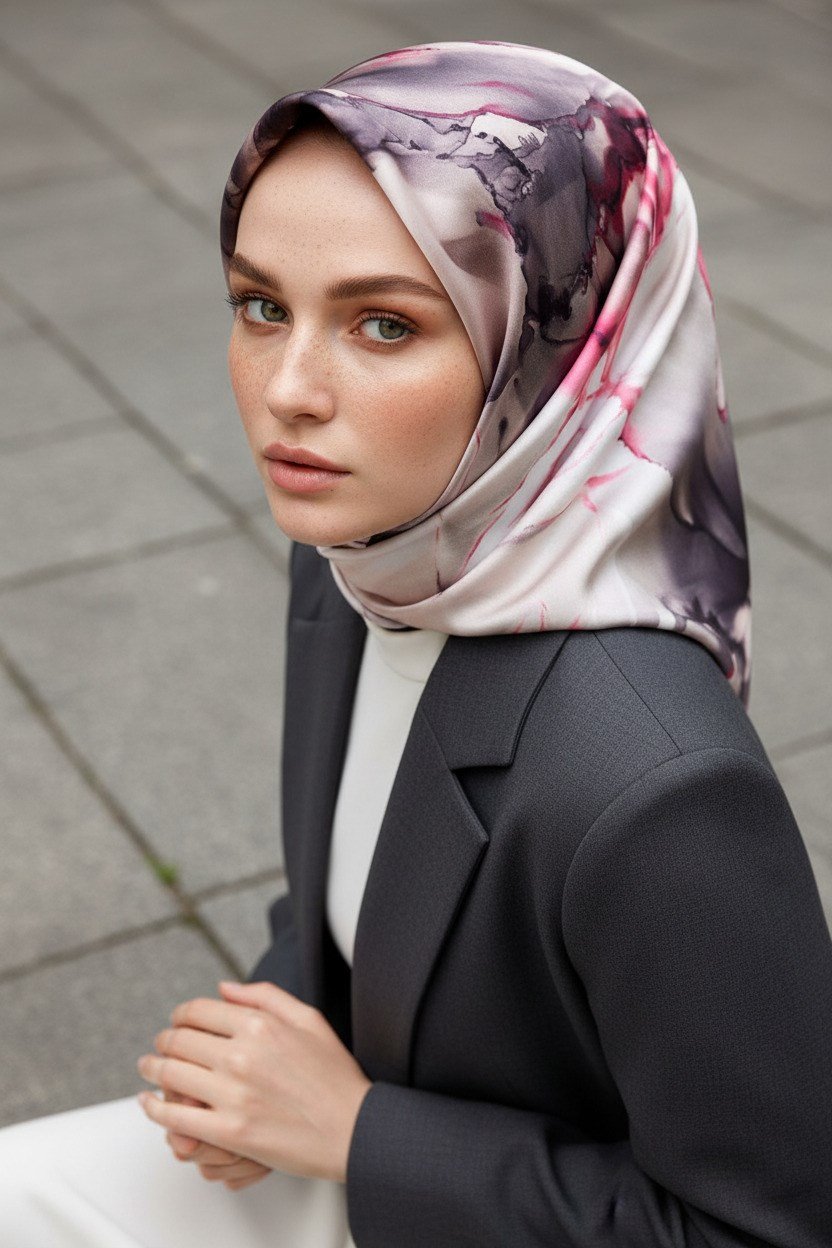 % 57 İPEK % 43 VİSKON Twill İpek Batik Çiçek Desenli Gri - Pembe Renkli 90x90 Eşarp Kenar Dikiş Şekli El Dikişli