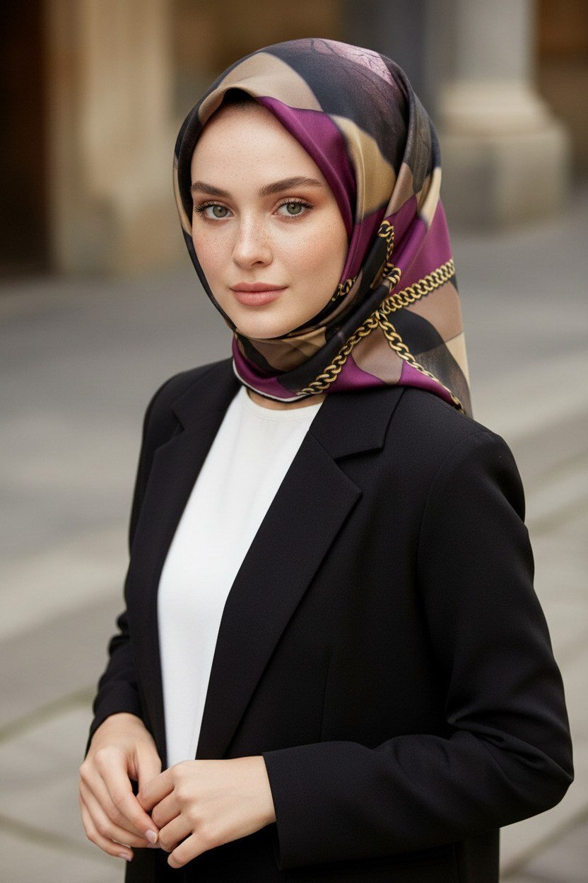 % 57 İPEK % 43 VİSKON Twill İpek Taş Efekti Desenli Mürdüm - Siyah Renkli 90x90 Eşarp Dikim Şekli : El Dikişi