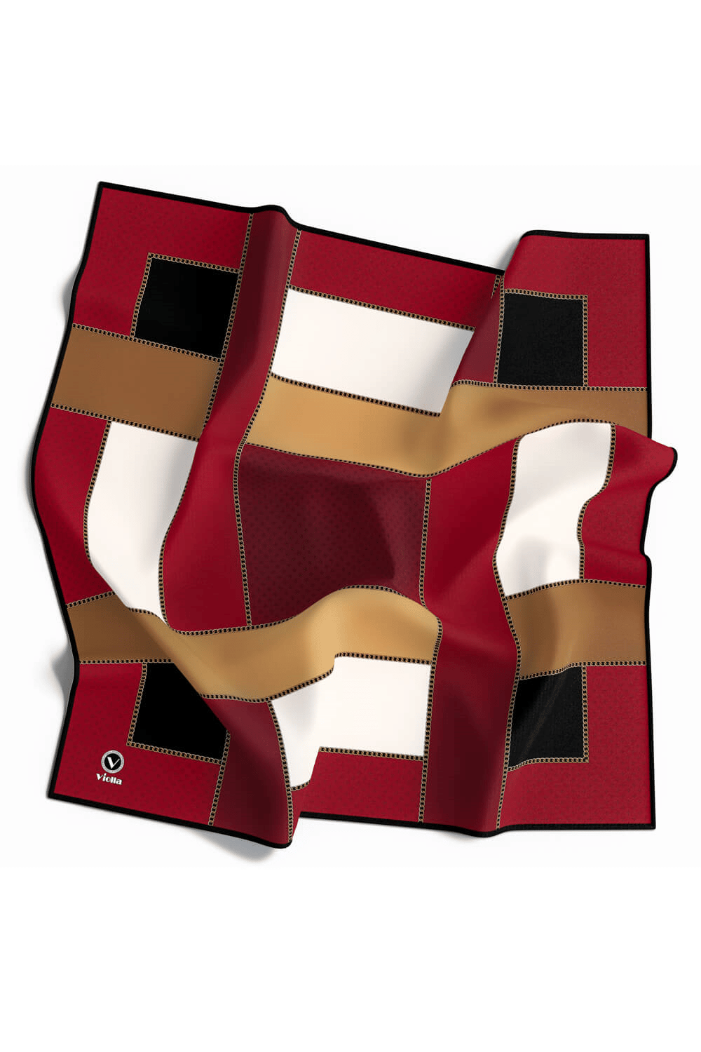 Twill Geometrik Desenli Taba - Bej Renkli 90x90 Eşarp (İpek İçermez) Kenar Dikiş Şekli El Dikişli