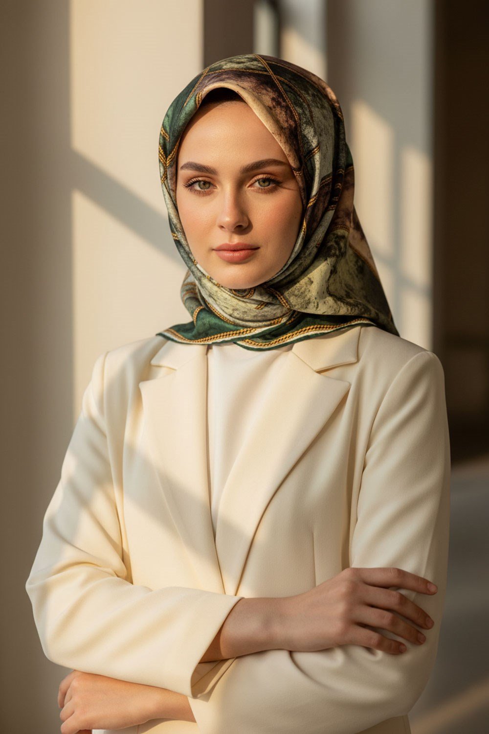 %100 Twill İpek Zincirli Mermer Desenli Zümrüt Yeşili - Haki Renkli 90x90 Eşarp Dikim Şekli : El Dikişi