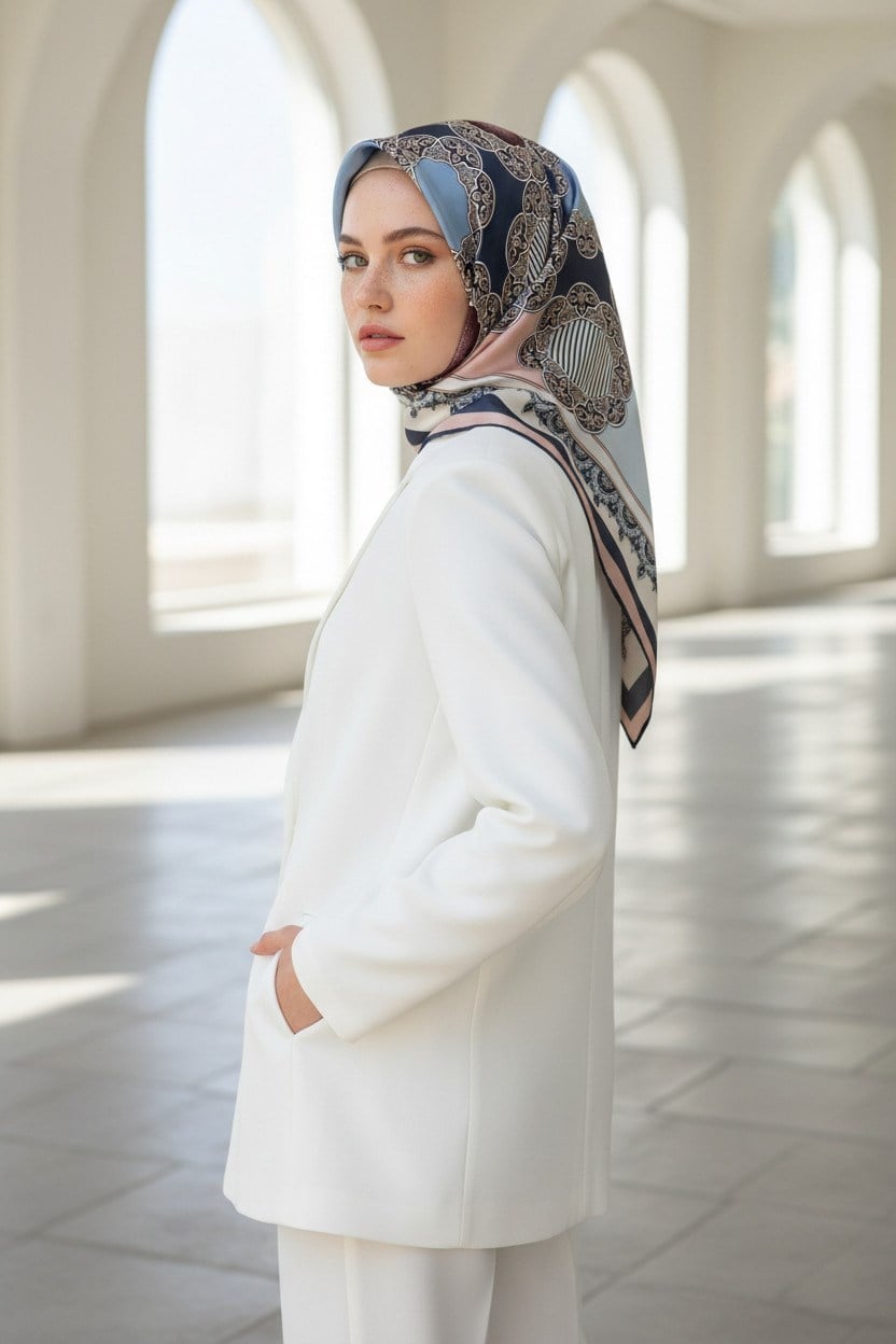 %100 Twill Türk Motifi  Desenli Pudra - Bebe Mavisi Renkli 90x90 Eşarp Dikim Şekli: El Dikişi