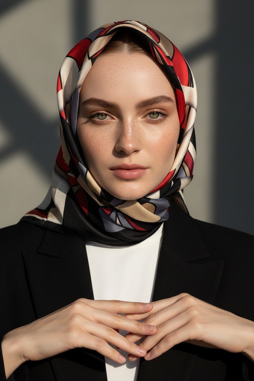 % 57 İPEK % 43 VİSKON Twill İpek Geometrik Desenli Bej - Kırmızı Renkli 90x90 Dikim Şekli : El Dikişi Eşarp