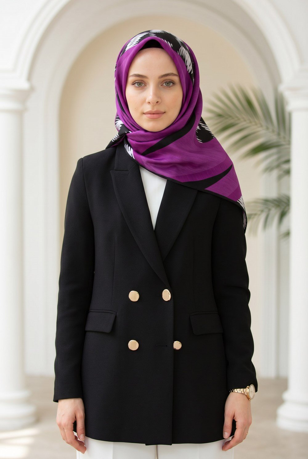 %100 Twill İpek Kazayağı Desenli Fuşya - Siyah Renkli 90x90 Eşarp Kenar Dikiş Şekli El Dikişli