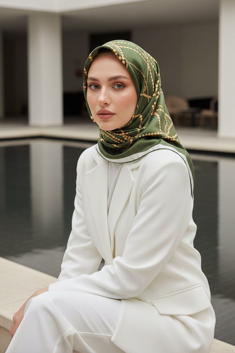 %100 Twill İpek İnci Desenli Haki Renkli 90x90 Eşarp Kenar Dikiş Şekli : El Dikişli