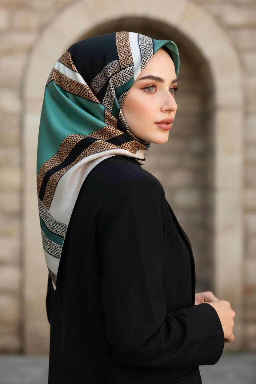% 57 İPEK % 43 VİSKON Twill İpek Geometrik Desenli Siyah - Mint Yeşili Renkli 90x90 Eşarp Dikim Şekli : El Dikişi