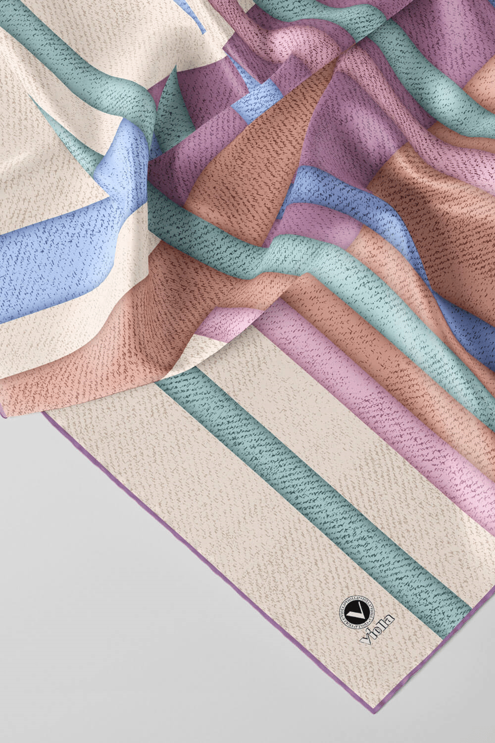 Twill Renkli Şerit Desenli Lila Renkli 90x90 Eşarp (İpek İçermez) Kenar Dikiş Şekli El Dikişli