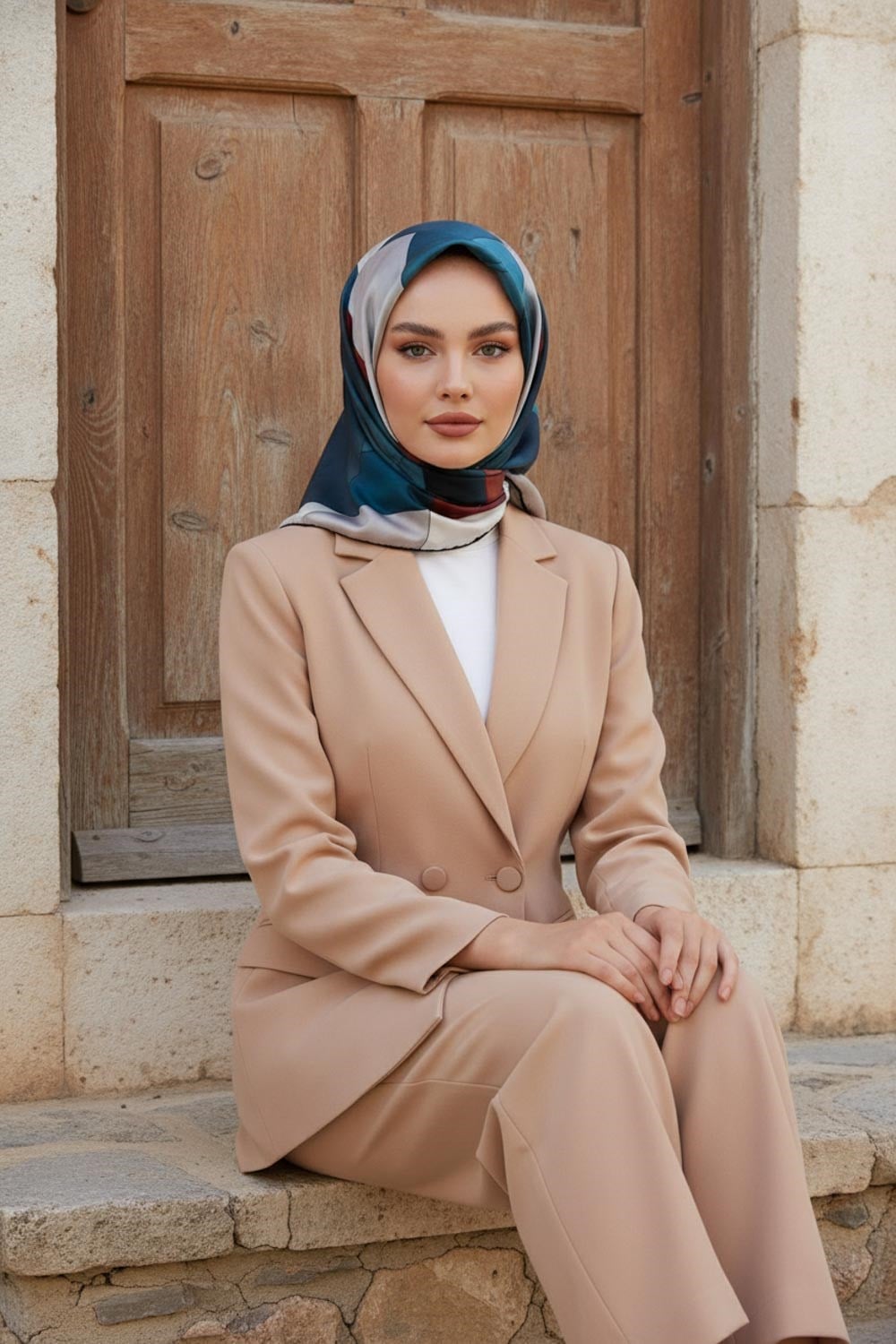 %100 Twill İpek Geometrik Desenli Taba - Petrol Mavisi Renkli 90x90 Eşarp Dikim Şekli : El Dikişi