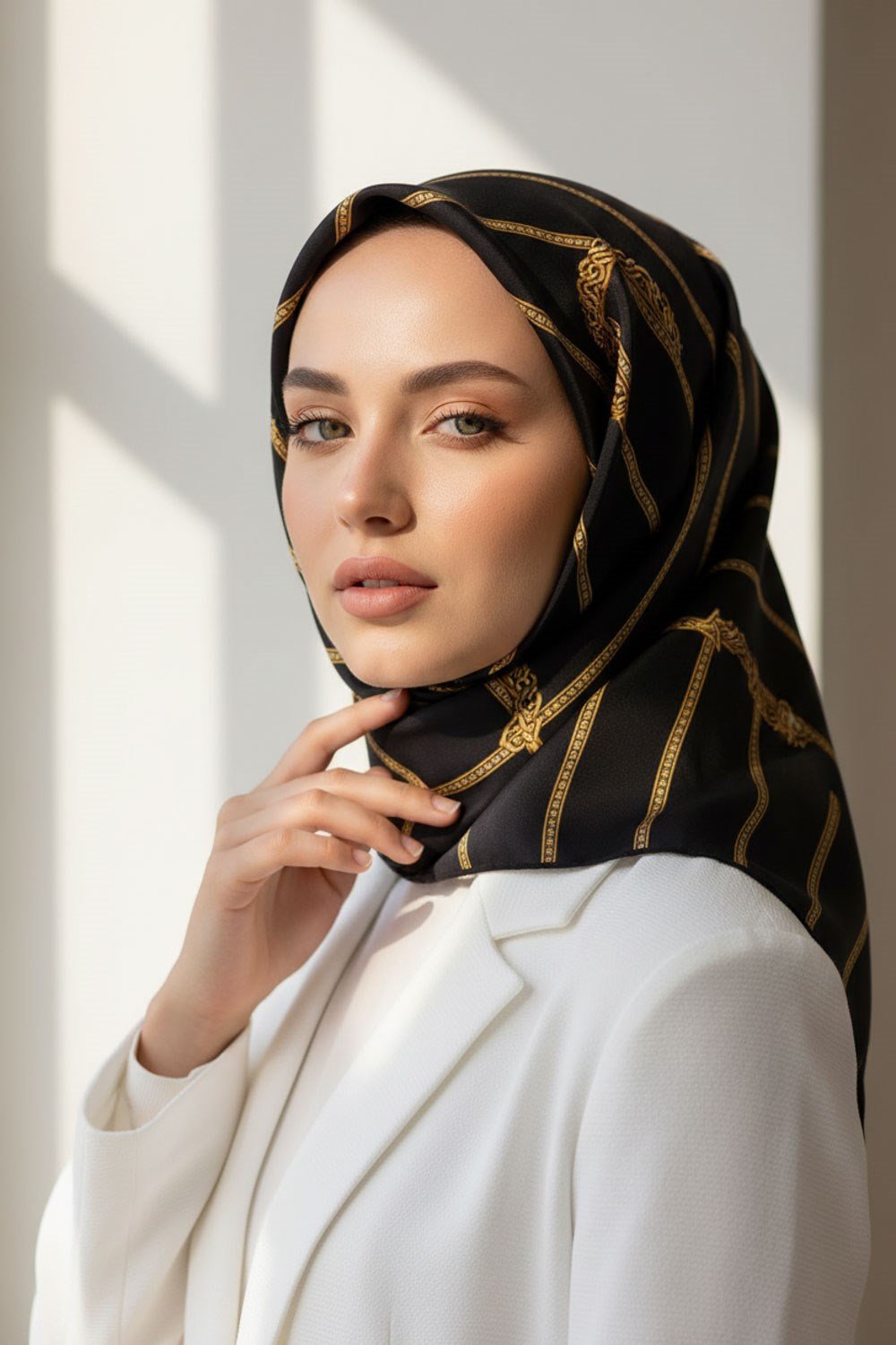 %100 Twill İpek Kemer Desenli Siyah - Siyah Renkli 90x90 Eşarp Dikim Şekli : El Dikişi