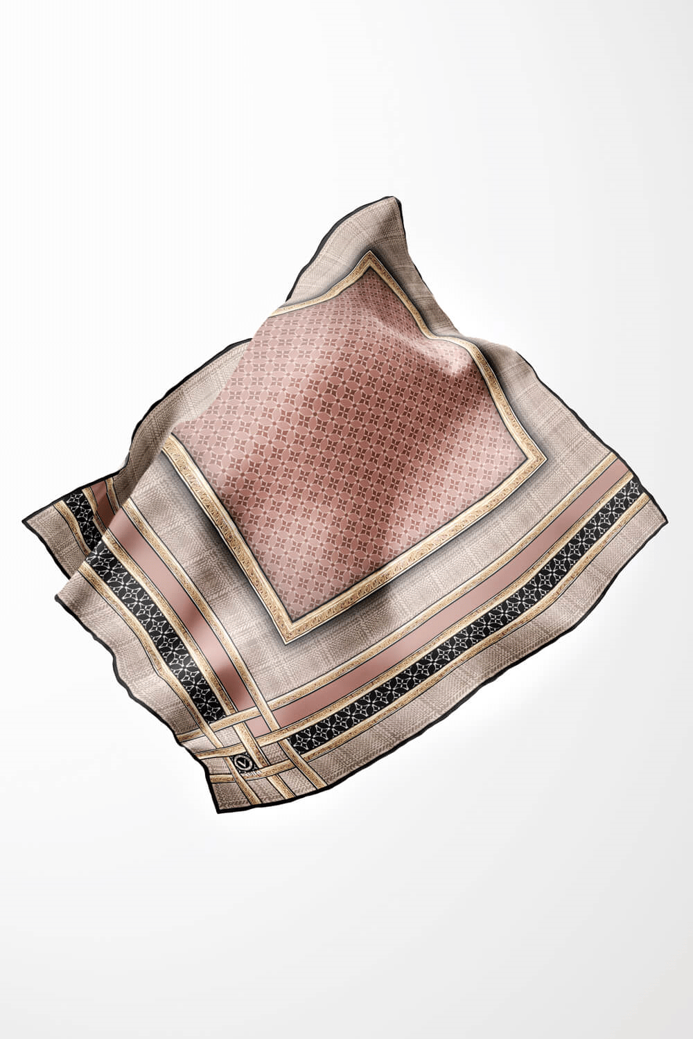 Twill Gold Bordürlü Geometrik Desenli Pudra Renkli 90x90 Eşarp (İpek İçermez) Kenar Dikiş Şekli El Dikişli