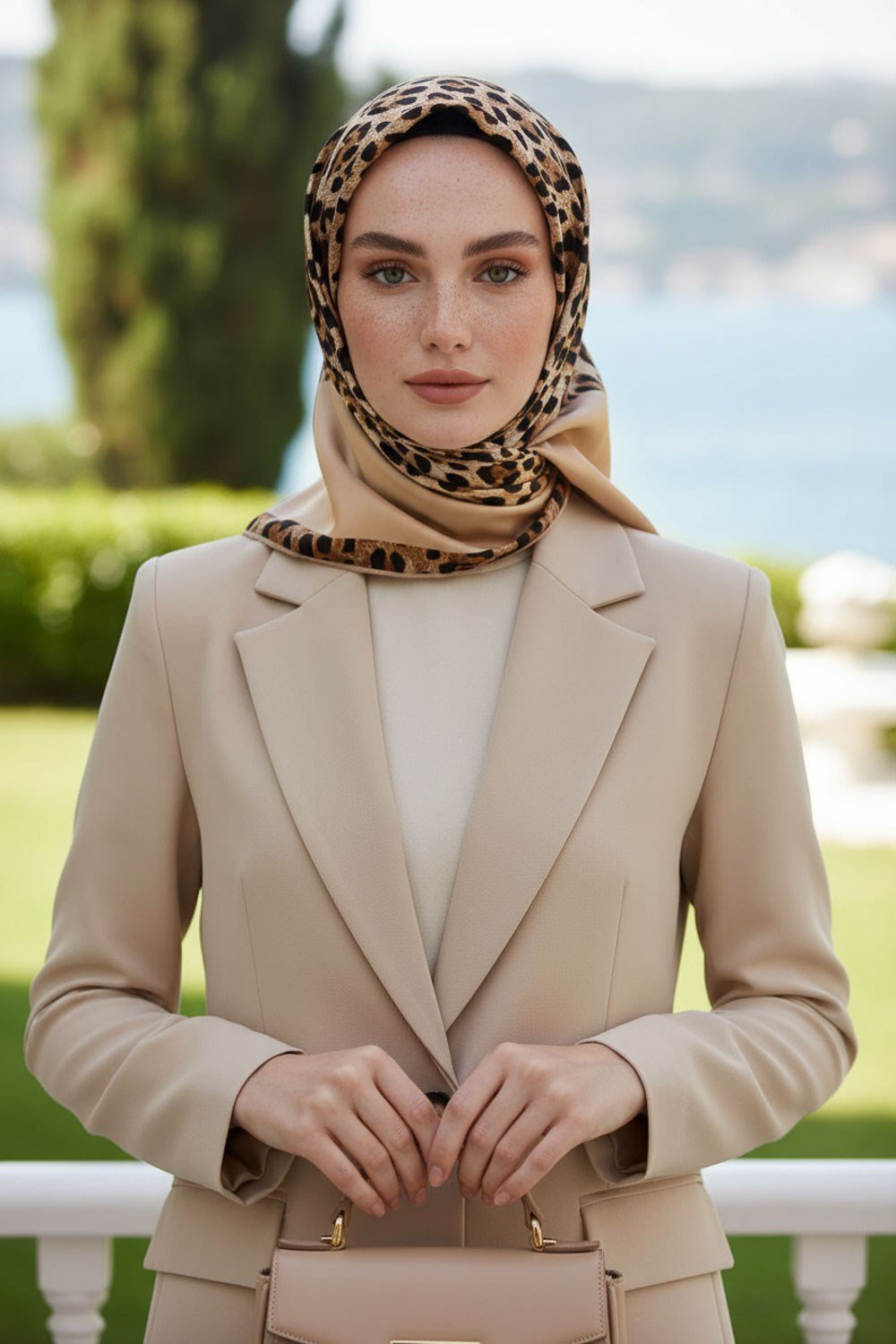 %100 Twill İpek Leopar Desenli Bej Renkli 90x90 Eşarp Dikim Şekli : El Dikişi