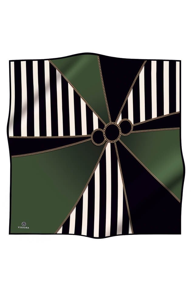 %100 Twill İpek Zincirli Çizgi Desenli Siyah - Haki Renkli 90x90 Eşarp Dikim Şekli : El Dikişi